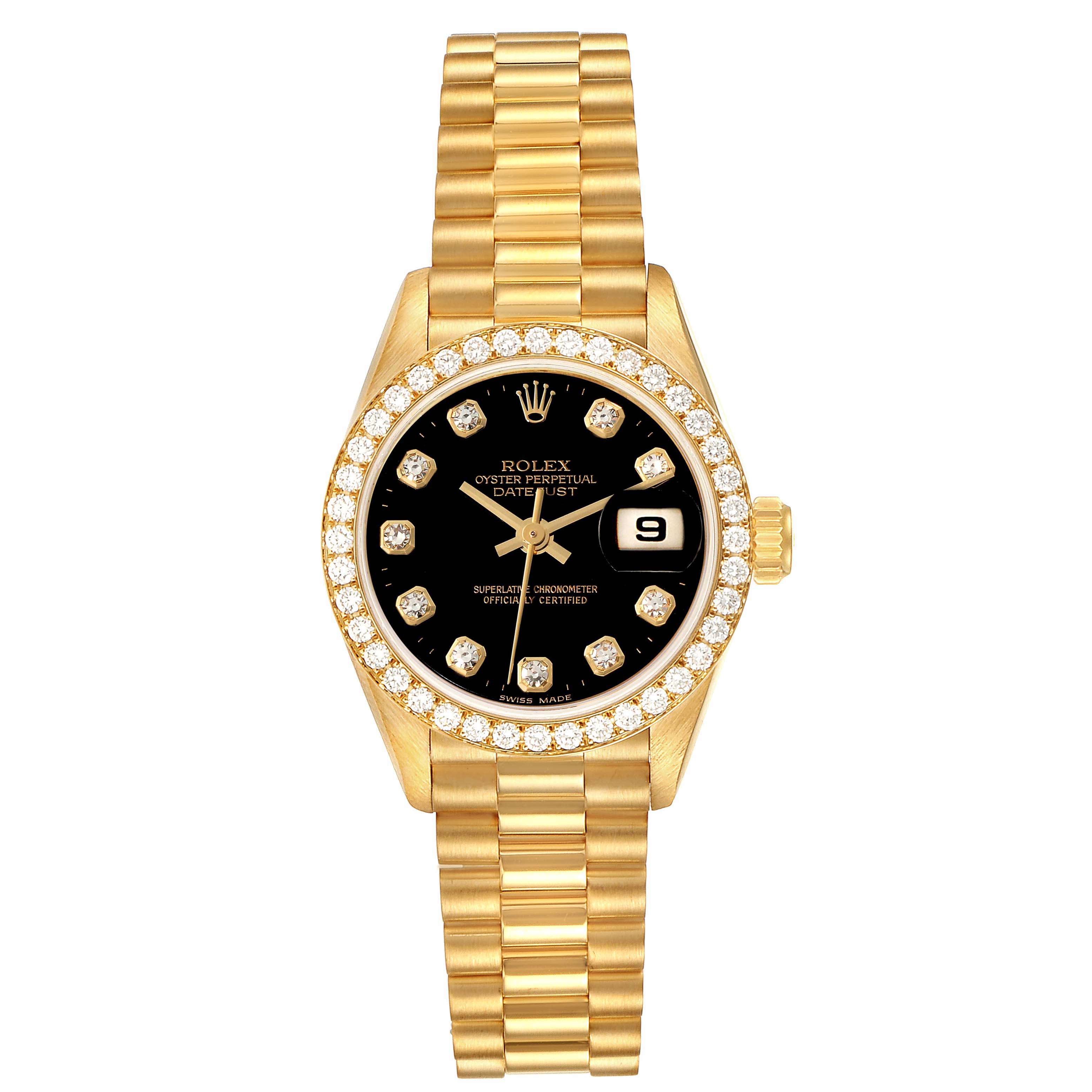 The Rolex President 69138 Women's Yellow Gold Black Dial 69138 Women's Yellow Gold Black Dial model watch is shown from a top-down angle, displaying the face, bezel, and full bracelet.