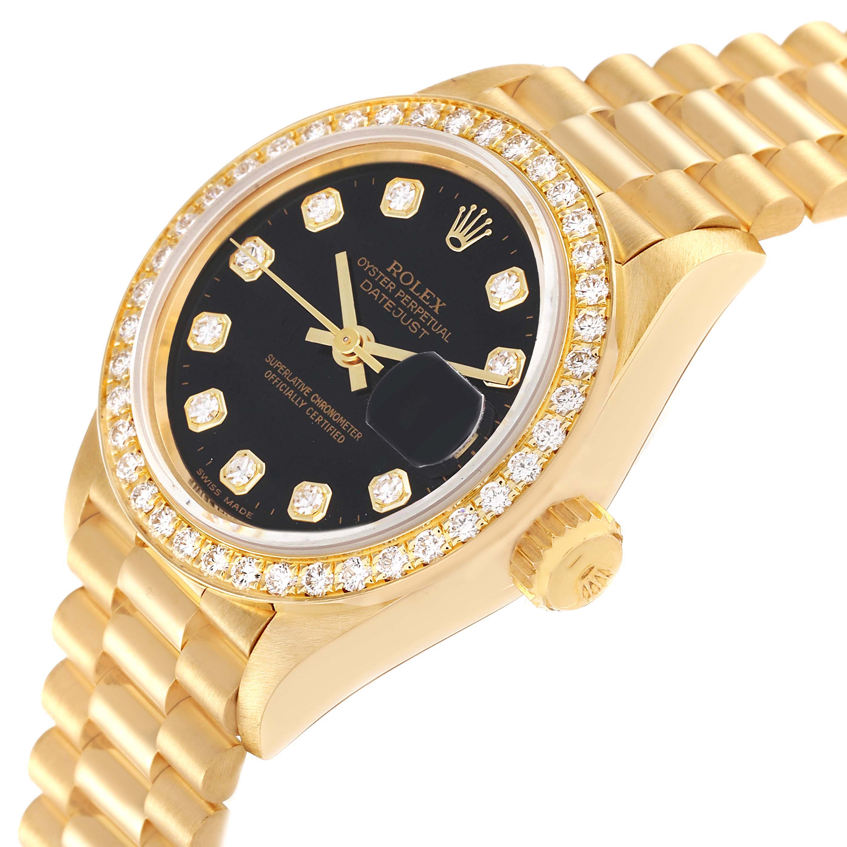 The image shows a side angle of the Rolex President 69138 Women's Yellow Gold Black Dial 69138 Women's Yellow Gold Black Dial watch, highlighting its gold case, diamond bezel, and black dial with diamond markers.