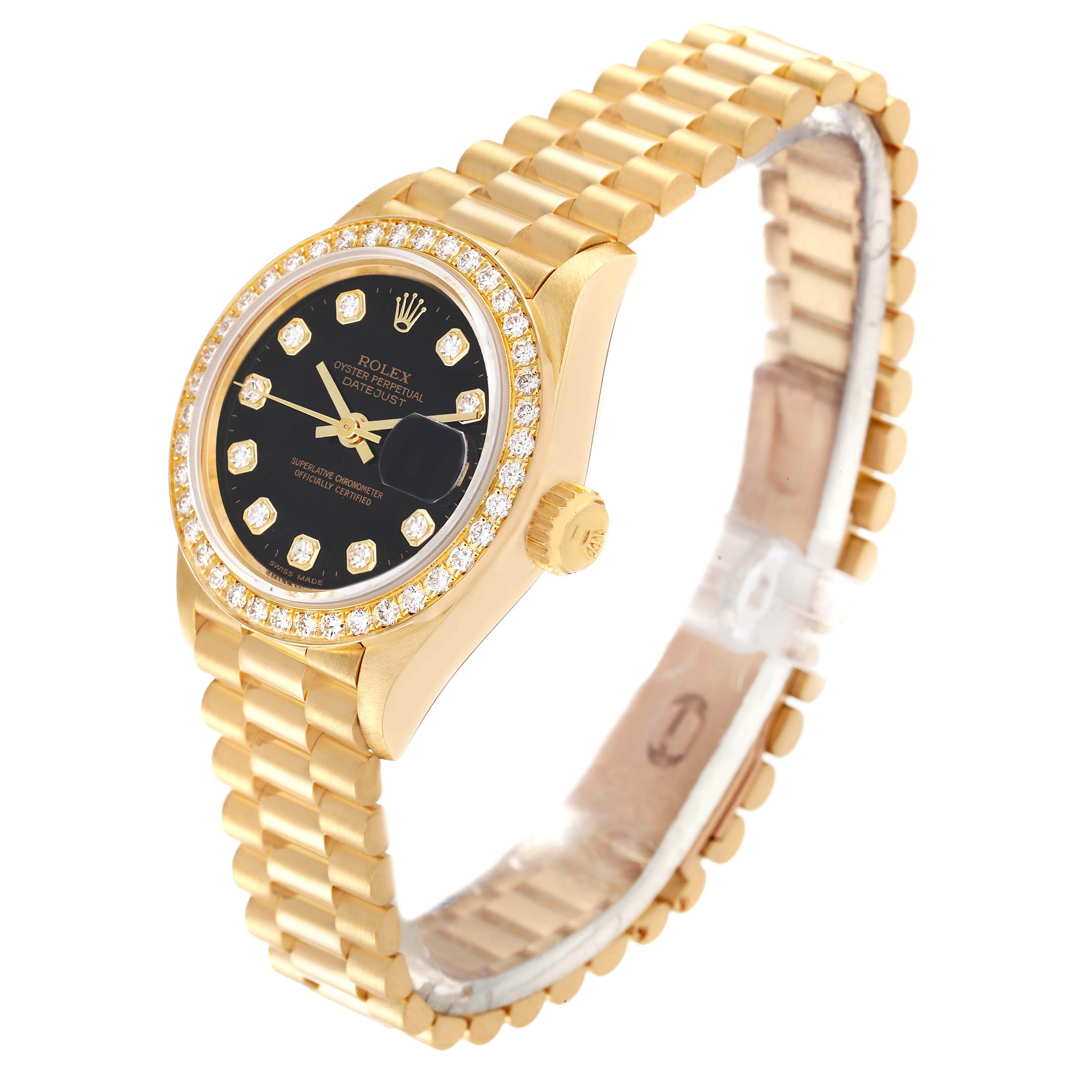 The Rolex President 69138 Women's Yellow Gold Black Dial 69138 Women's Yellow Gold Black Dial model watch shown is at an angled view, displaying its bracelet, face, bezel, and crown.
