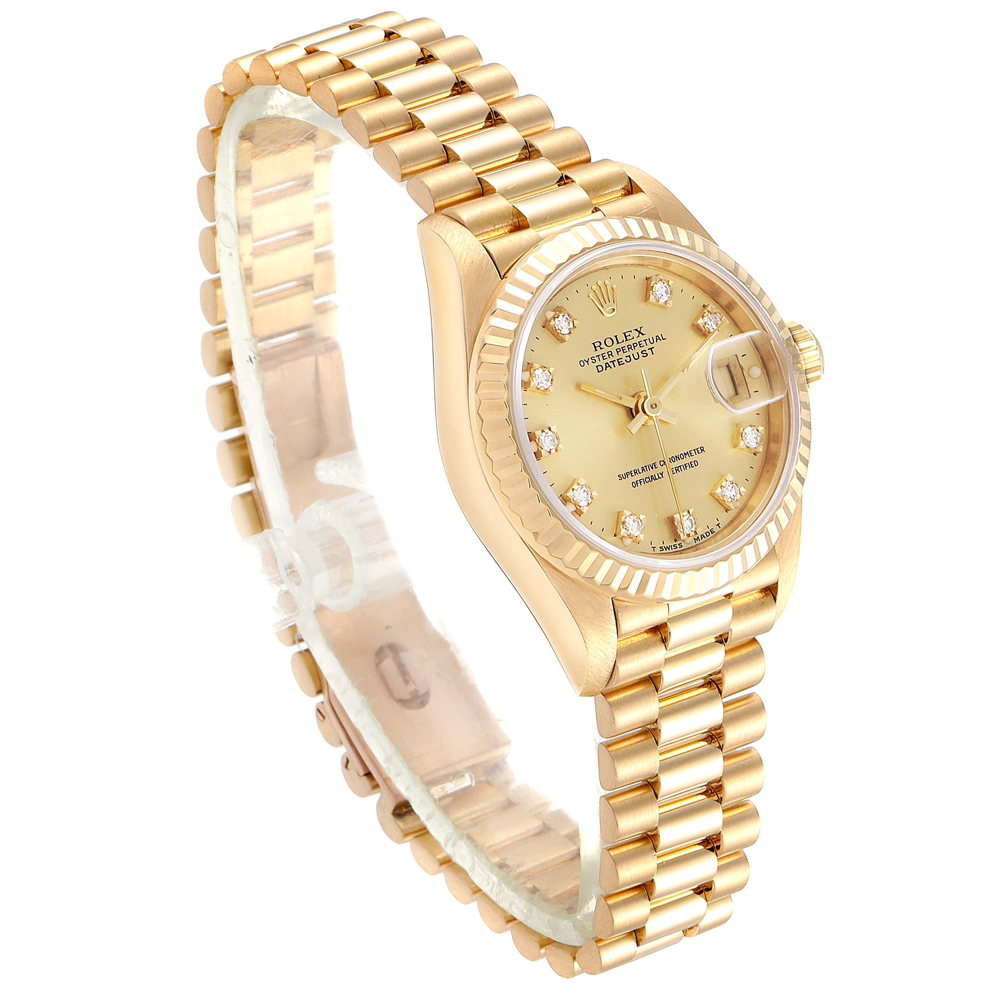 This image shows a Rolex President 69178 Women
s Yellow Gold Champagne Dial 69178 Women
s Yellow Gold Champagne Dial model watch from an upper right angle, showcasing the dial, bezel, and bracelet.