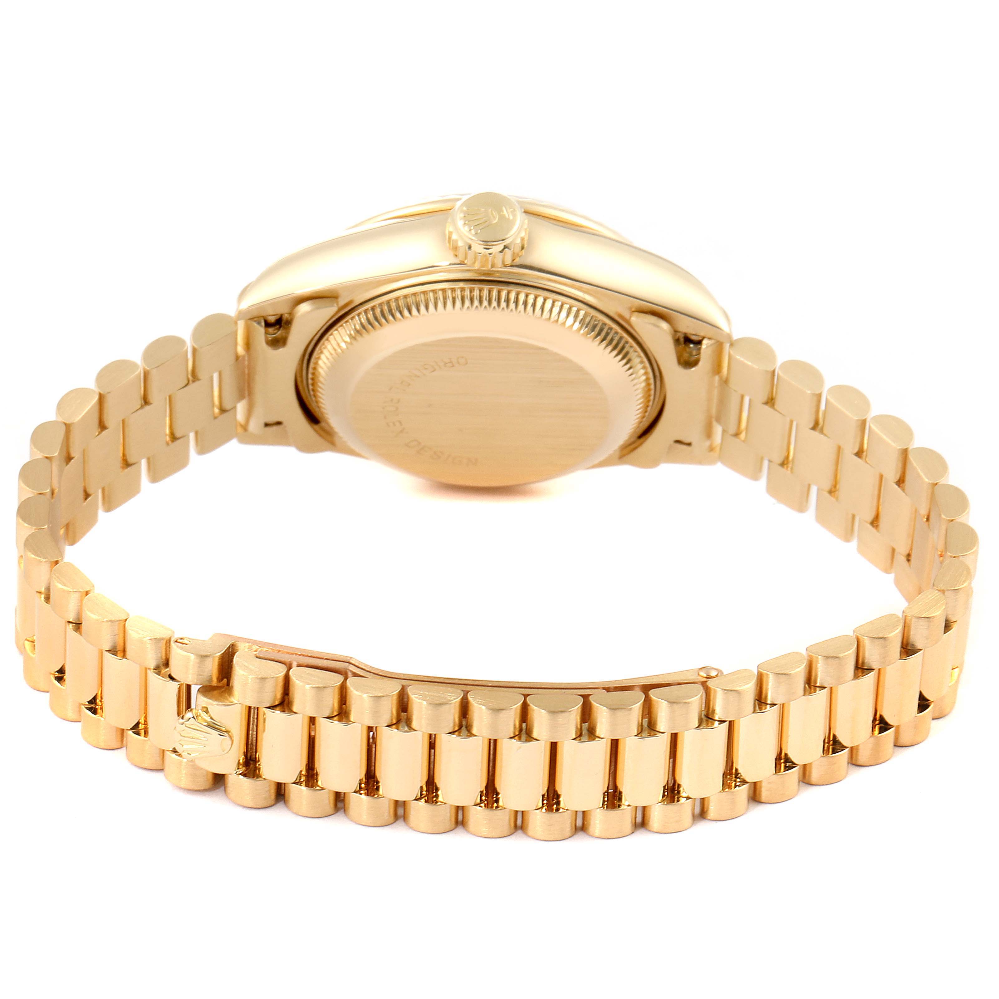 The image shows the back case and bracelet of a Rolex President 69178 Women
s Yellow Gold Champagne Dial 69178 Women
s Yellow Gold Champagne Dial model watch.