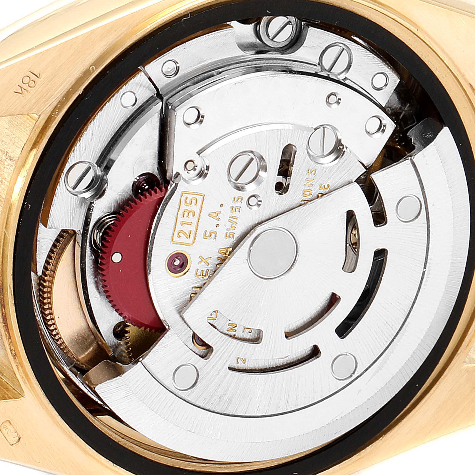 This image shows a close-up of the inner mechanism of a Rolex President 69178 Women
s Yellow Gold Champagne Dial 69178 Women
s Yellow Gold Champagne Dial model watch.