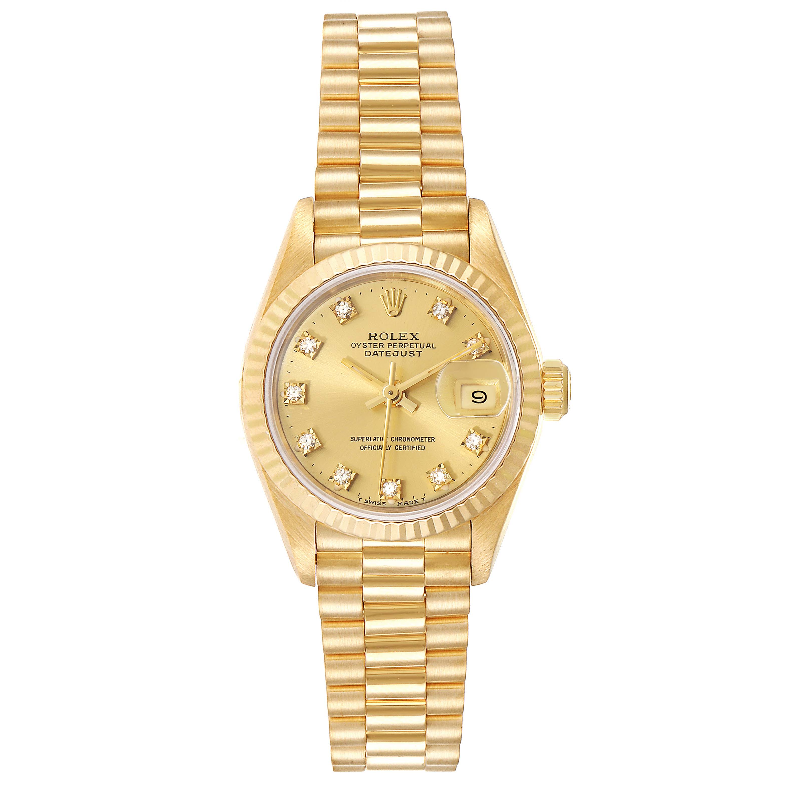 The Rolex President 69178 Women
s Yellow Gold Champagne Dial 69178 Women
s Yellow Gold Champagne Dial model watch is shown from the front, displaying its gold dial, fluted bezel, case, and bracelet.