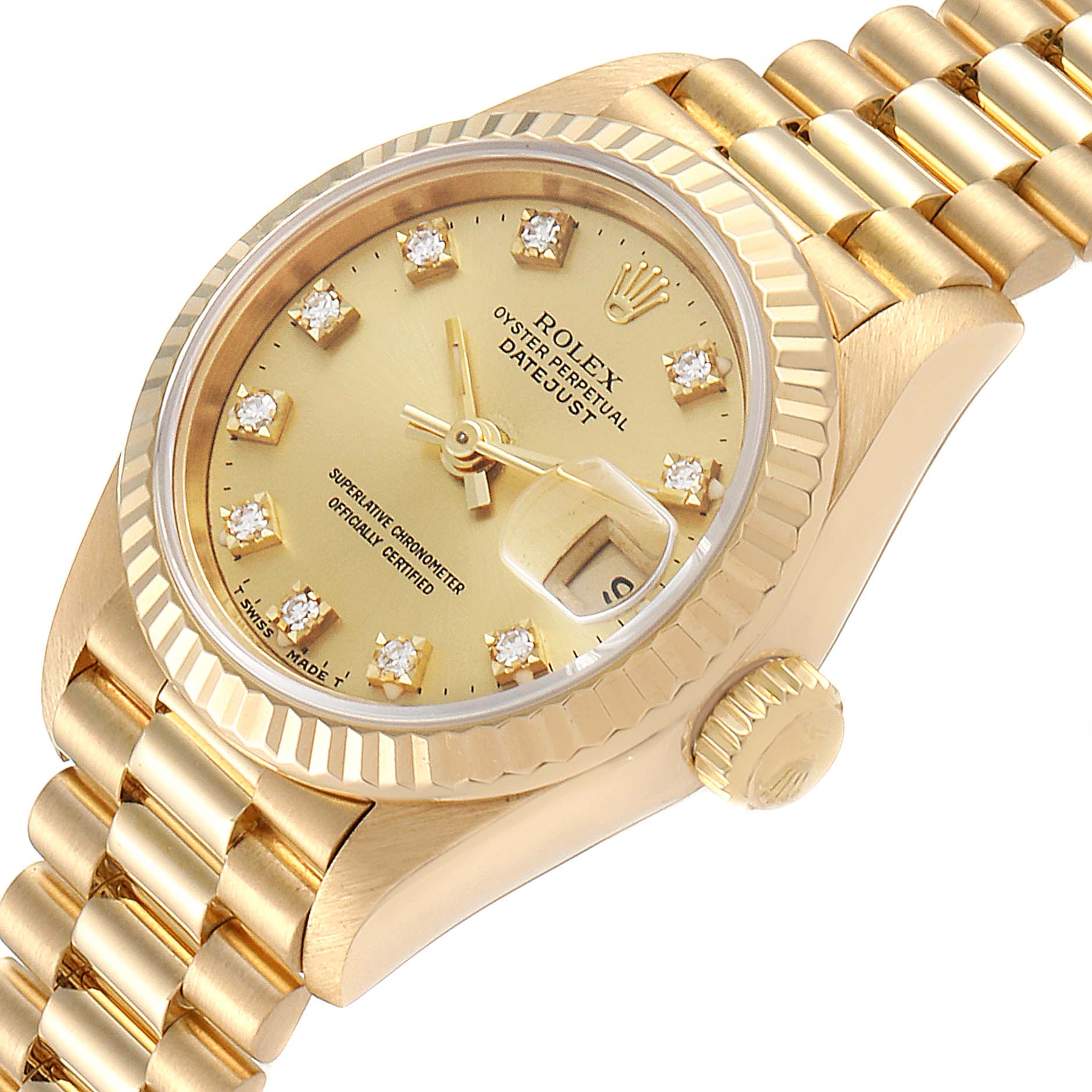 The image shows a close-up of a Rolex President 69178 Women
s Yellow Gold Champagne Dial 69178 Women
s Yellow Gold Champagne Dial model watch featuring its gold dial, diamond markers, date display, bezel, and part of the bracelet.
