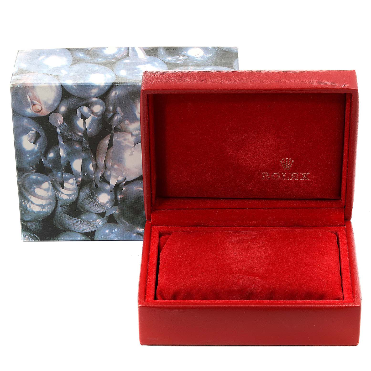 The image shows a red Rolex box and case for the President model watch, viewed from the front.