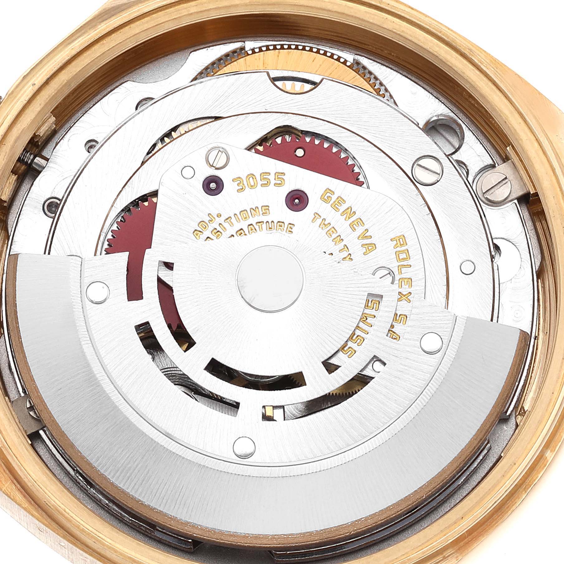 This image shows the internal movement mechanism of the Rolex President 18038 Men
s Yellow Gold Champagne Dial 18038 Men
s Yellow Gold Champagne Dial model watch from a top-down angle.