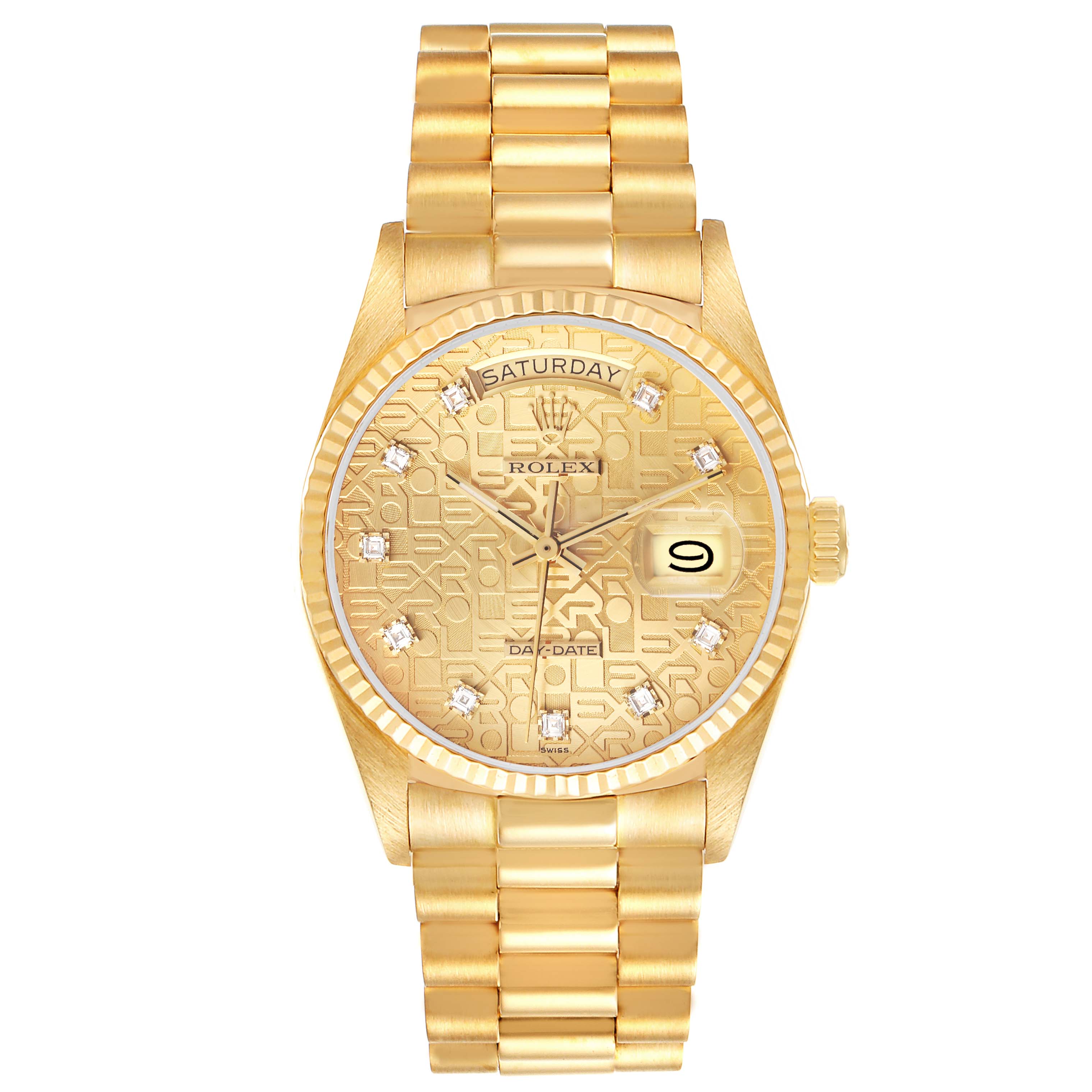 The image shows a gold Rolex President 18038 Men
s Yellow Gold Champagne Dial 18038 Men
s Yellow Gold Champagne Dial model watch, displaying its face, bracelet, day, and date functions from a top-down angle.