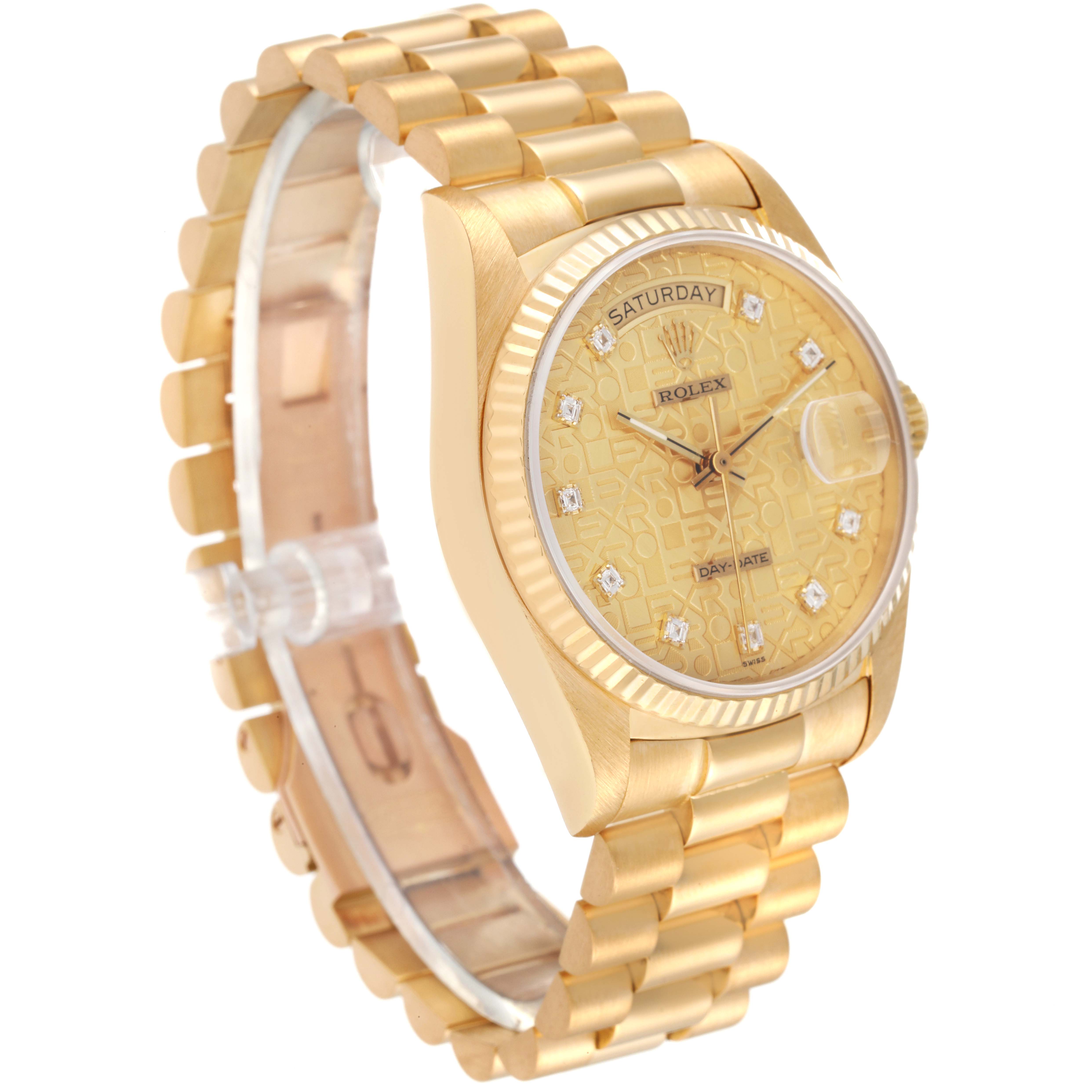 The image shows a side angle of a Rolex President 18038 Men
s Yellow Gold Champagne Dial 18038 Men
s Yellow Gold Champagne Dial model watch, featuring its gold bracelet, bezel, and dial with diamond hour markers.