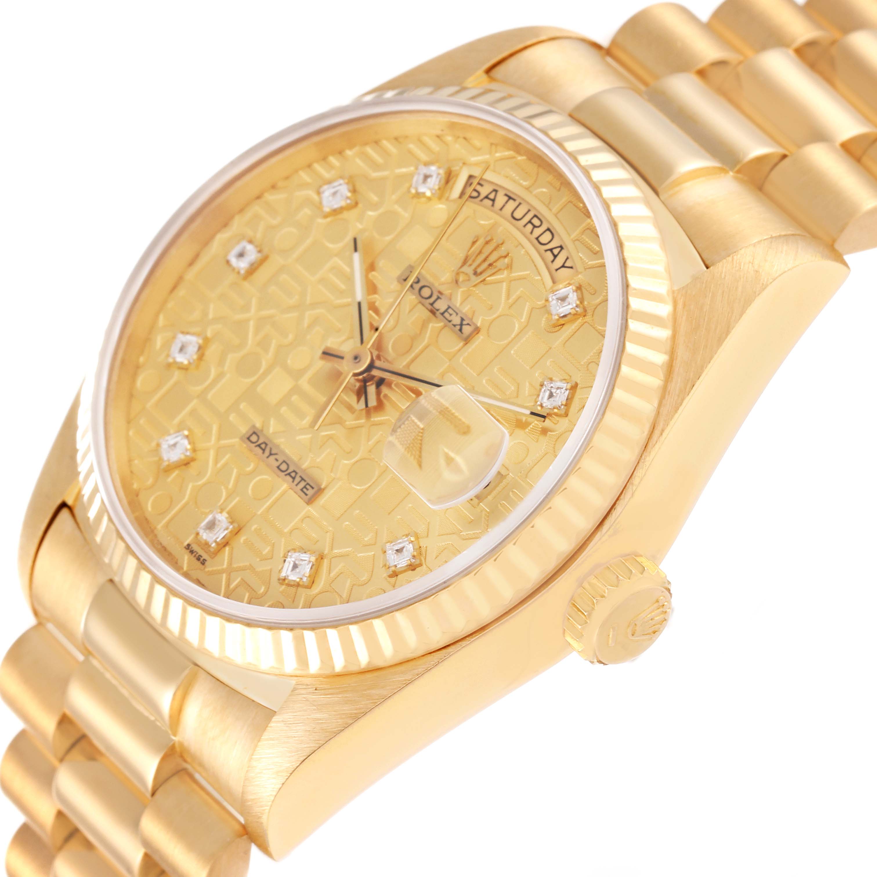 This image shows the Rolex President 18038 Men
s Yellow Gold Champagne Dial 18038 Men
s Yellow Gold Champagne Dial model watch from an oblique angle, highlighting the dial, bezel, case, and part of the bracelet.