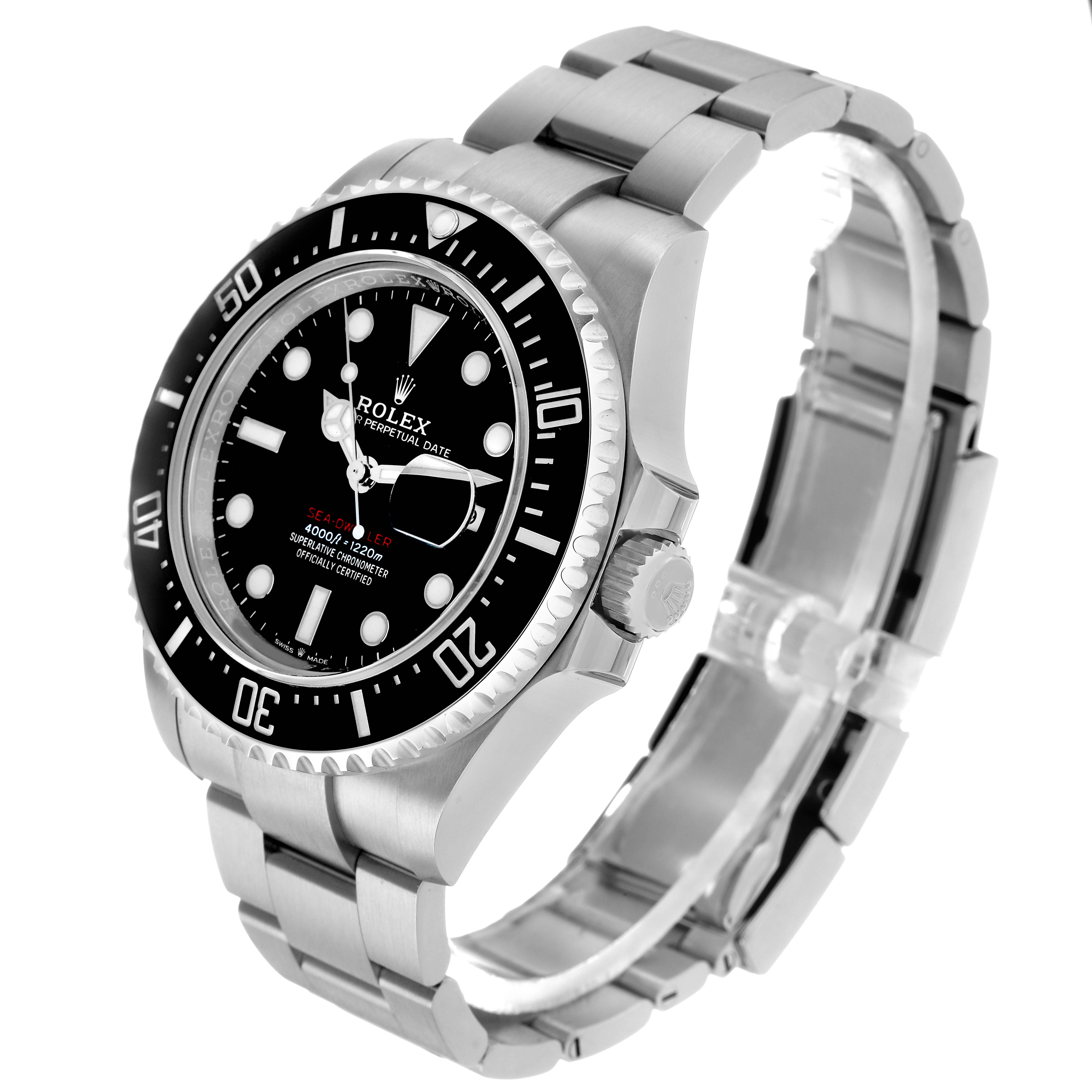 The Rolex Sea-Dweller 126600 Men's Stainless Steel Black Dial watch is shown at a three-quarter angle, displaying the bezel, dial, crown, and bracelet.