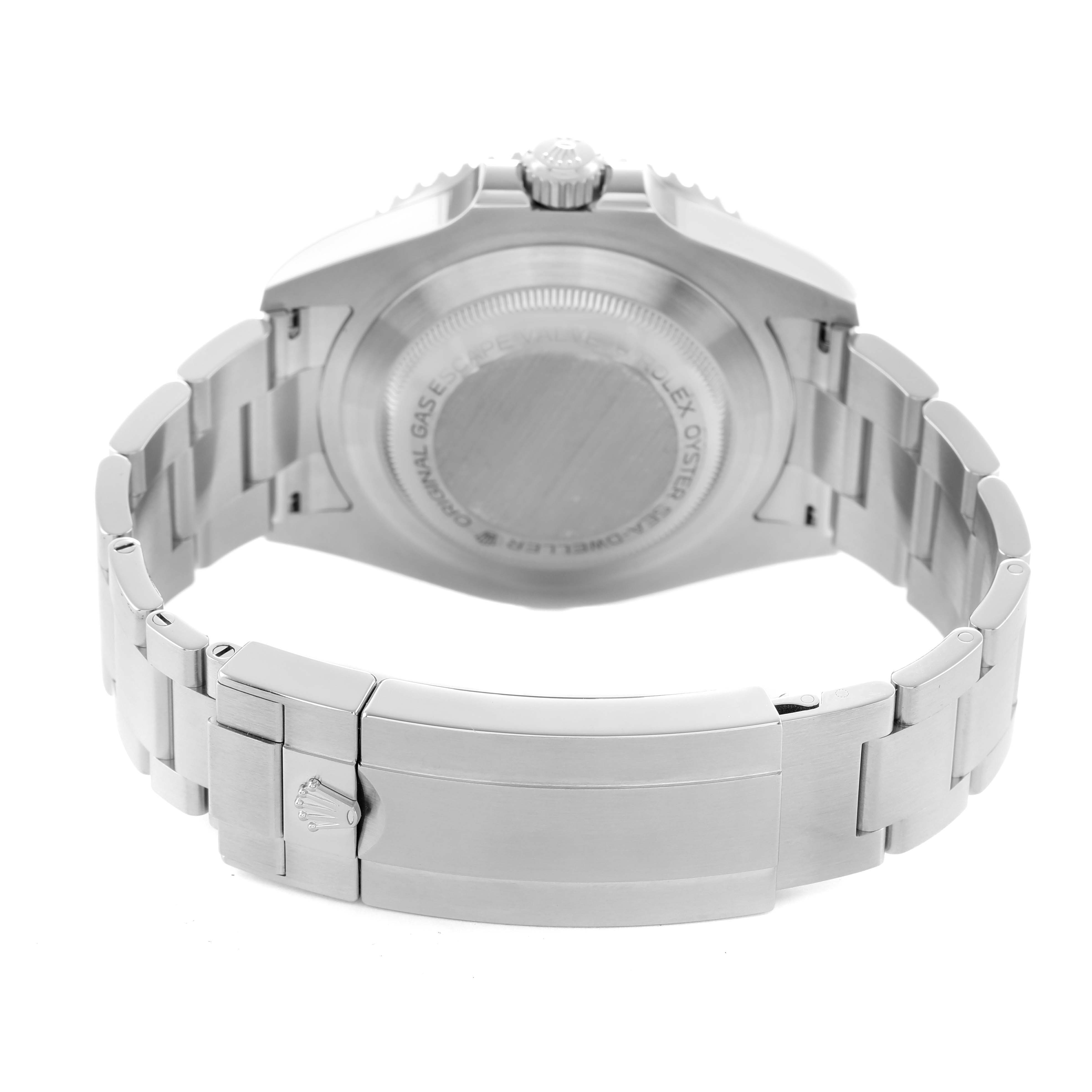 The image shows the back view of a Rolex Sea-Dweller 126600 Men's Stainless Steel Black Dial, highlighting the case back and clasp of the metal bracelet.