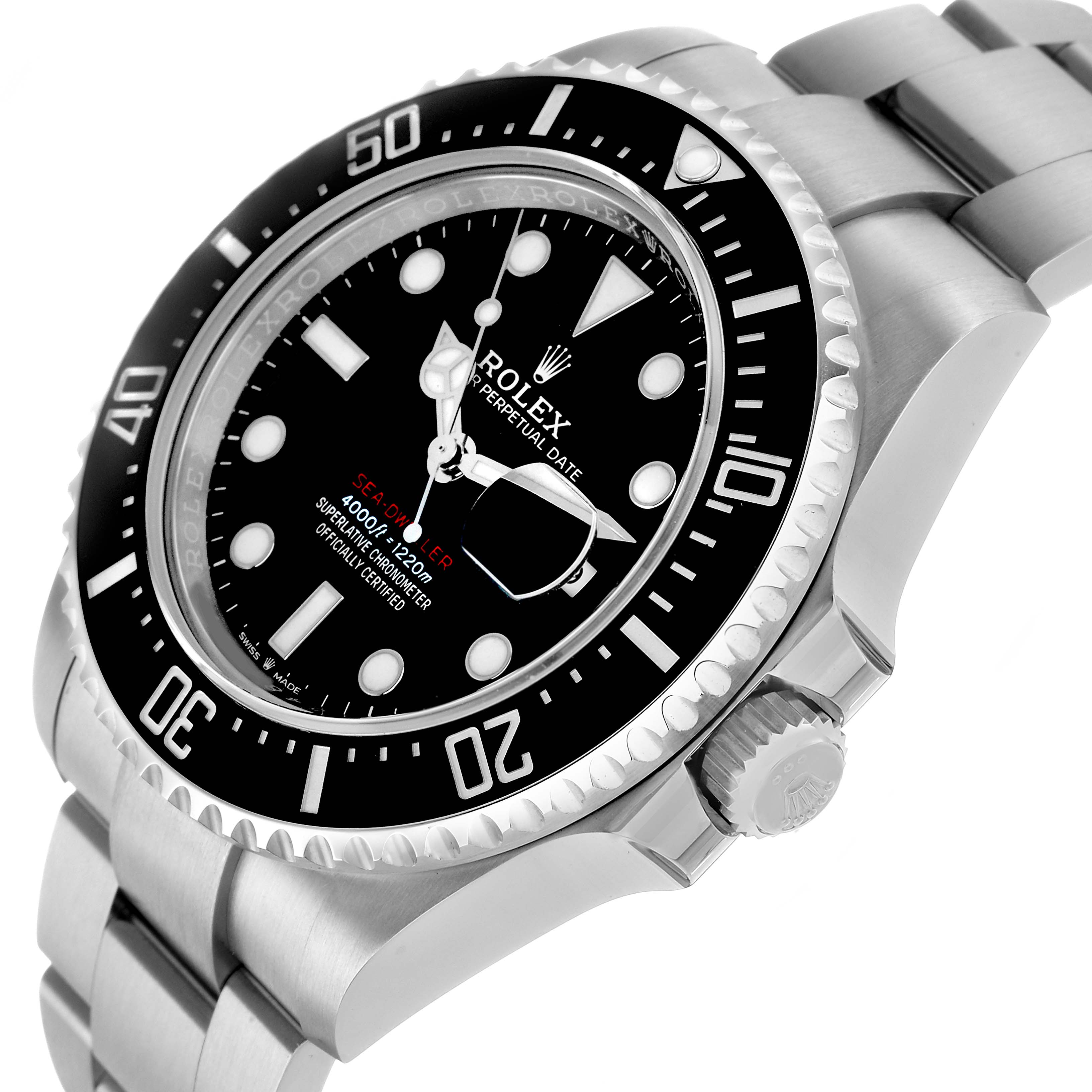 The Rolex Sea-Dweller 126600 Men's Stainless Steel Black Dial watch is shown at an angled view, highlighting the dial, bezel, case, and part of the bracelet.