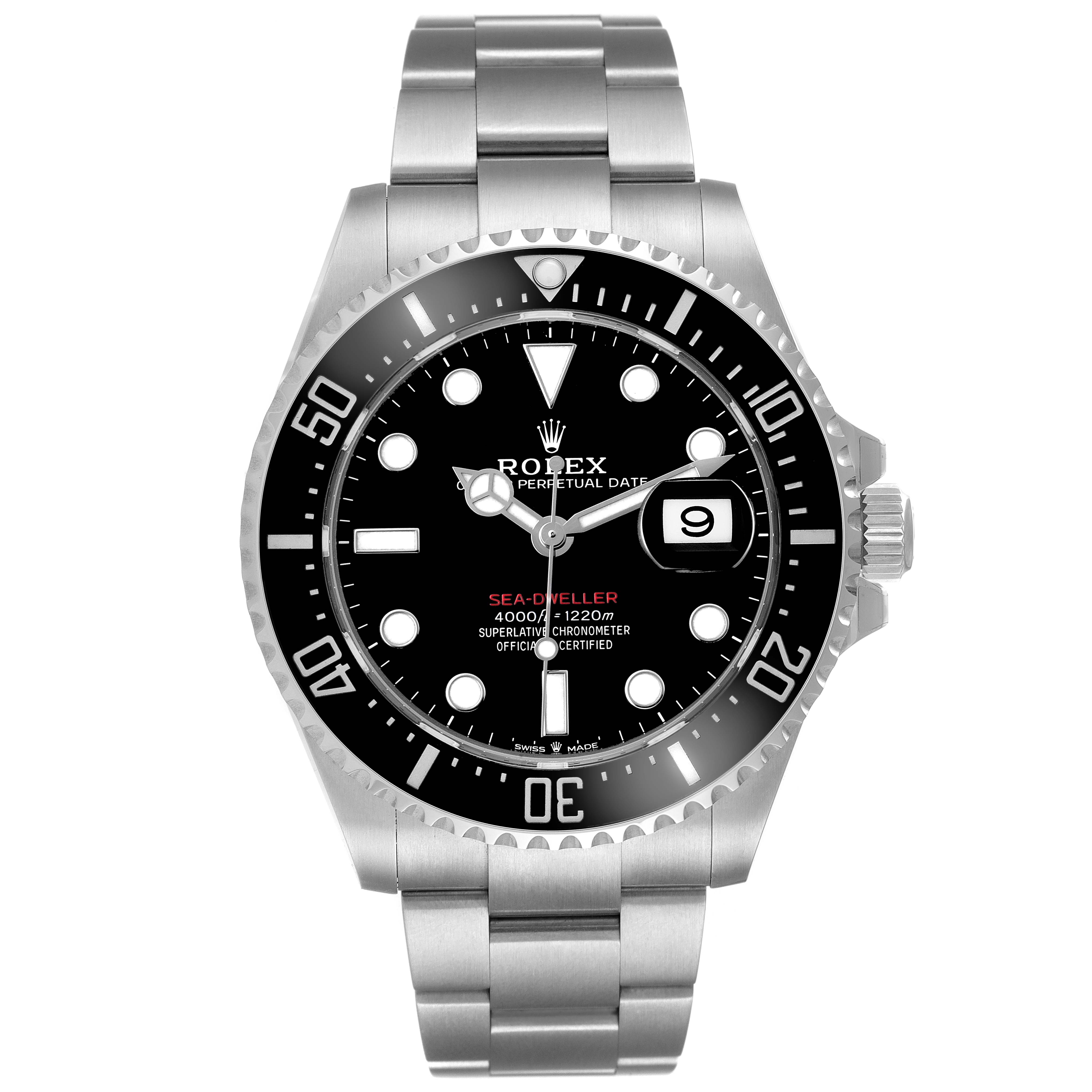 The Rolex Sea-Dweller 126600 Men's Stainless Steel Black Dial is shown front-facing, displaying its dial, bezel, bracelet, and date window.