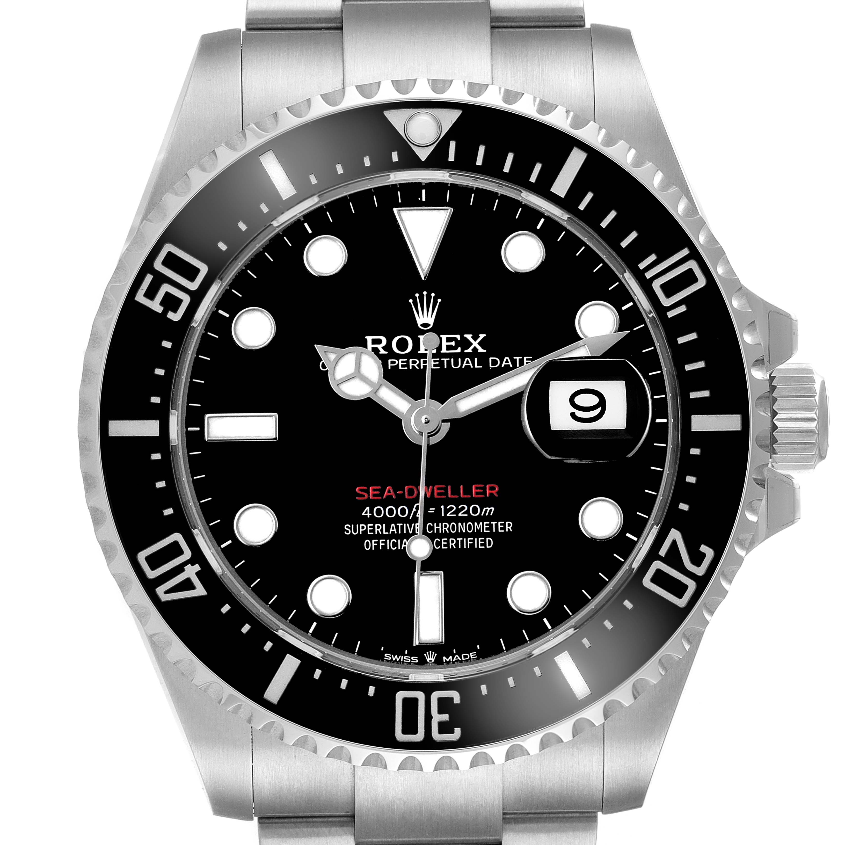 The Rolex Sea-Dweller 126600 Men's Stainless Steel Black Dial watch is shown from the front, highlighting the dial, bezel, hands, and date window.