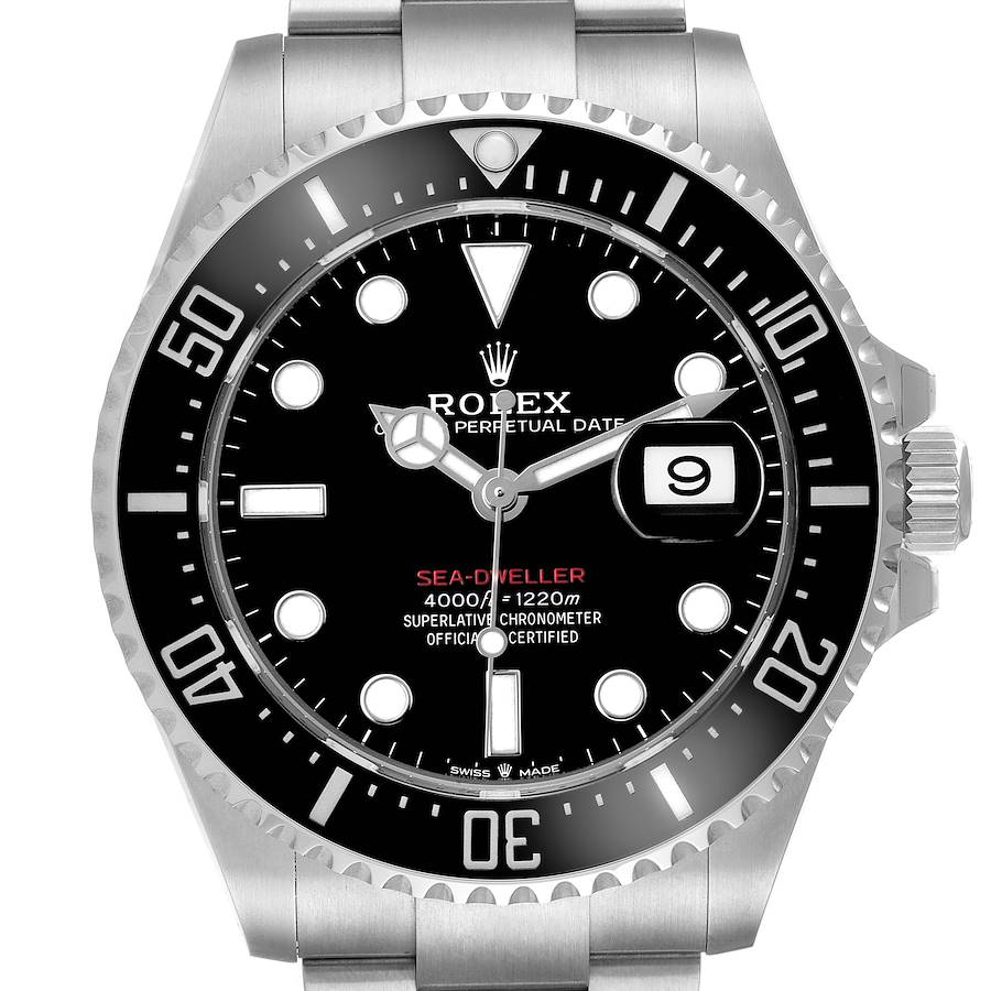 The Rolex Sea-Dweller 126600 Men's Stainless Steel Black Dial watch is shown from the front, highlighting the dial, bezel, hands, and date window.