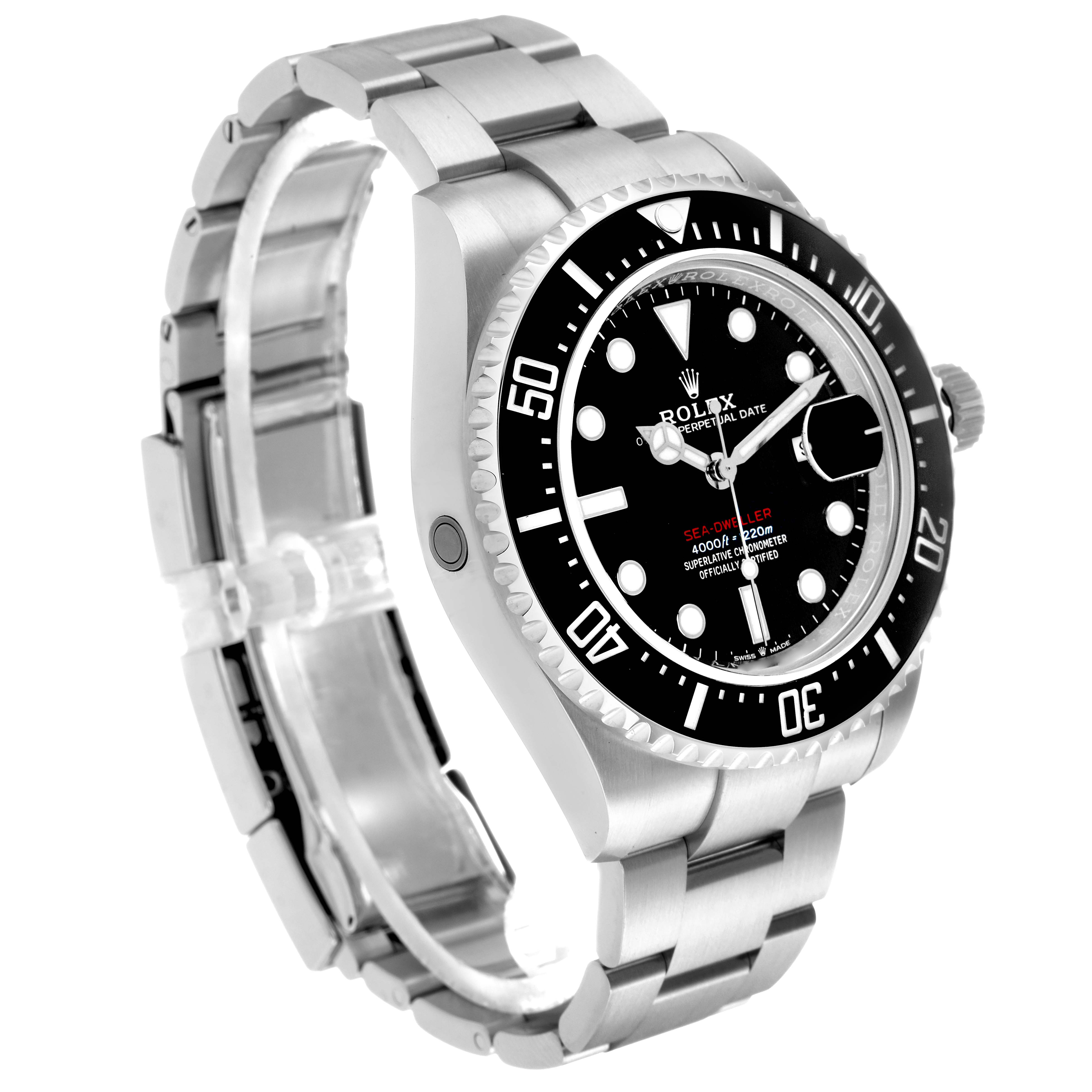 The Rolex Sea-Dweller 126600 Men's Stainless Steel Black Dial watch is shown at a three-quarter angle, displaying its dial, bezel, and bracelet.