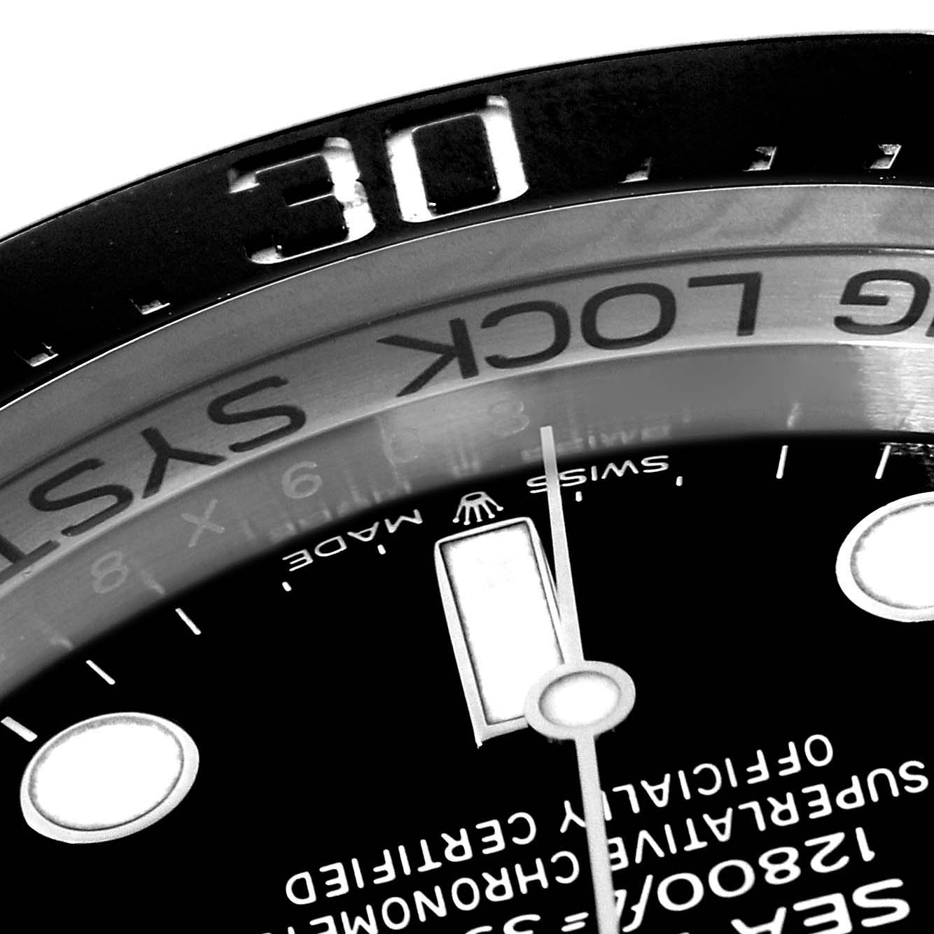 The image shows a close-up of the bezel and dial of a Rolex Sea-Dweller 126660 Men
s Stainless Steel Black Dial 126660 Men
s Stainless Steel Black Dial watch, including the "30" mark and the "Ring Lock System" text.