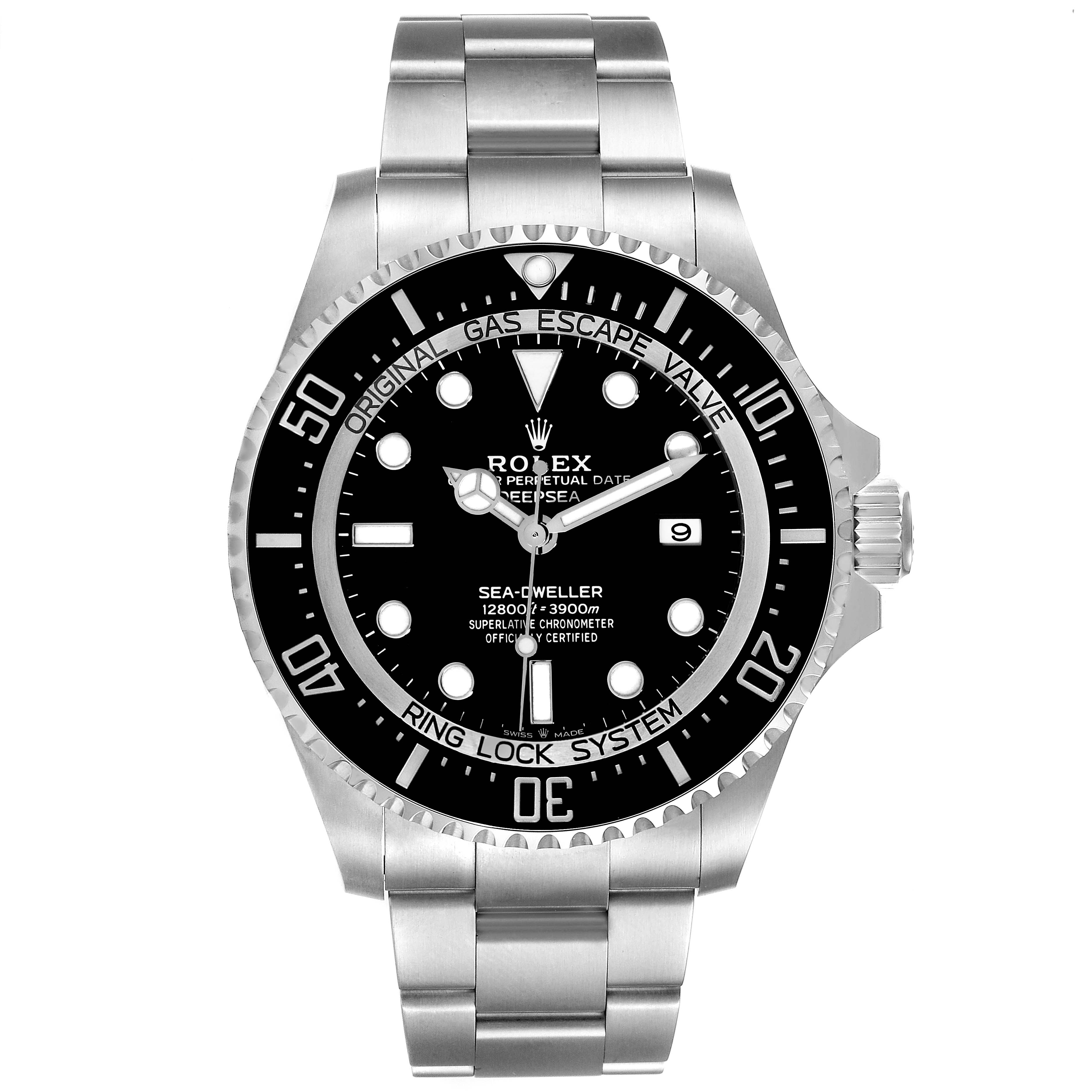 The Rolex Sea-Dweller 126660 Men
s Stainless Steel Black Dial 126660 Men
s Stainless Steel Black Dial watch is shown from a top-down angle, displaying its dial, bezel, and bracelet.