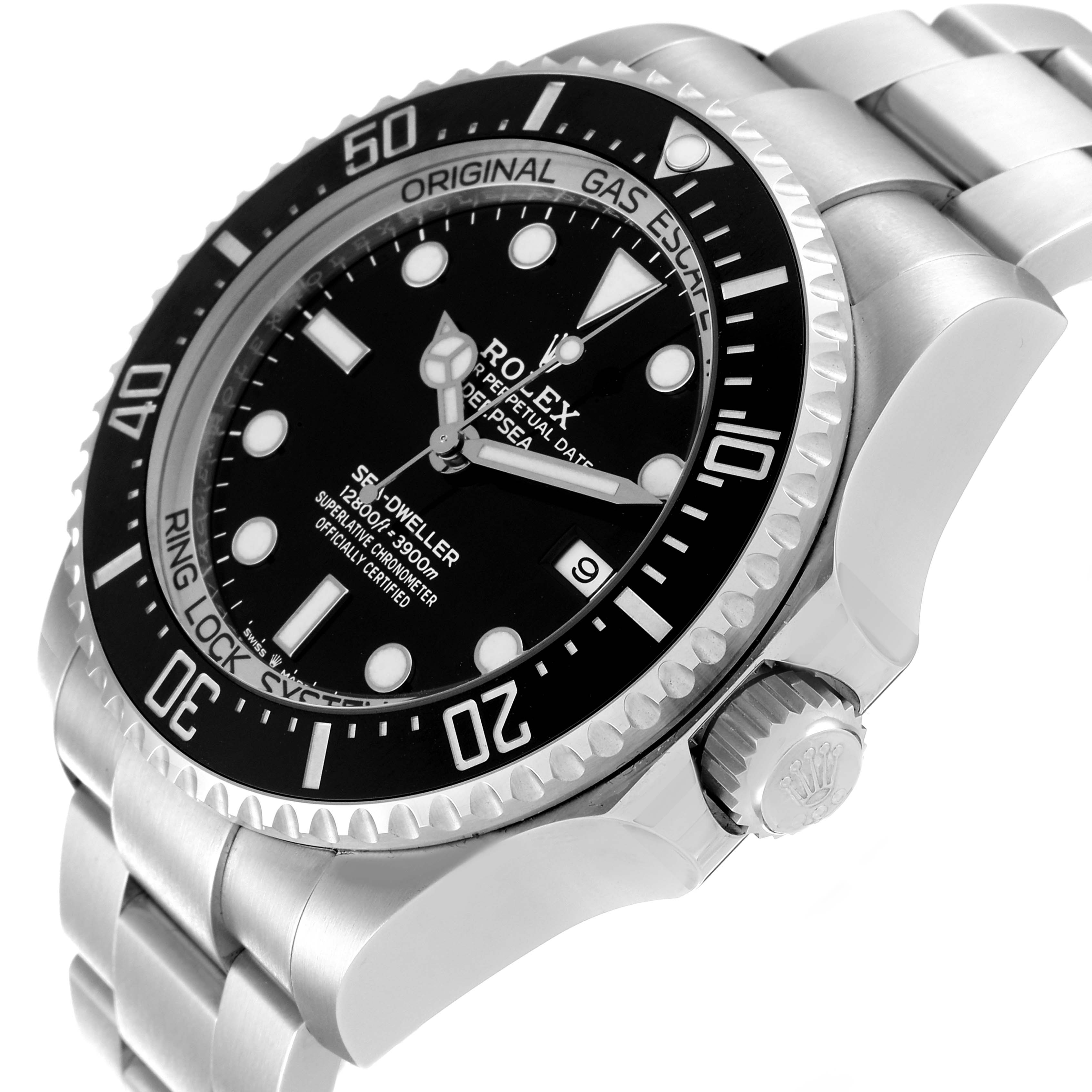 The image shows a Rolex Sea-Dweller 126660 Men
s Stainless Steel Black Dial 126660 Men
s Stainless Steel Black Dial watch at an angle, highlighting the face, bezel, crown, and part of the bracelet.