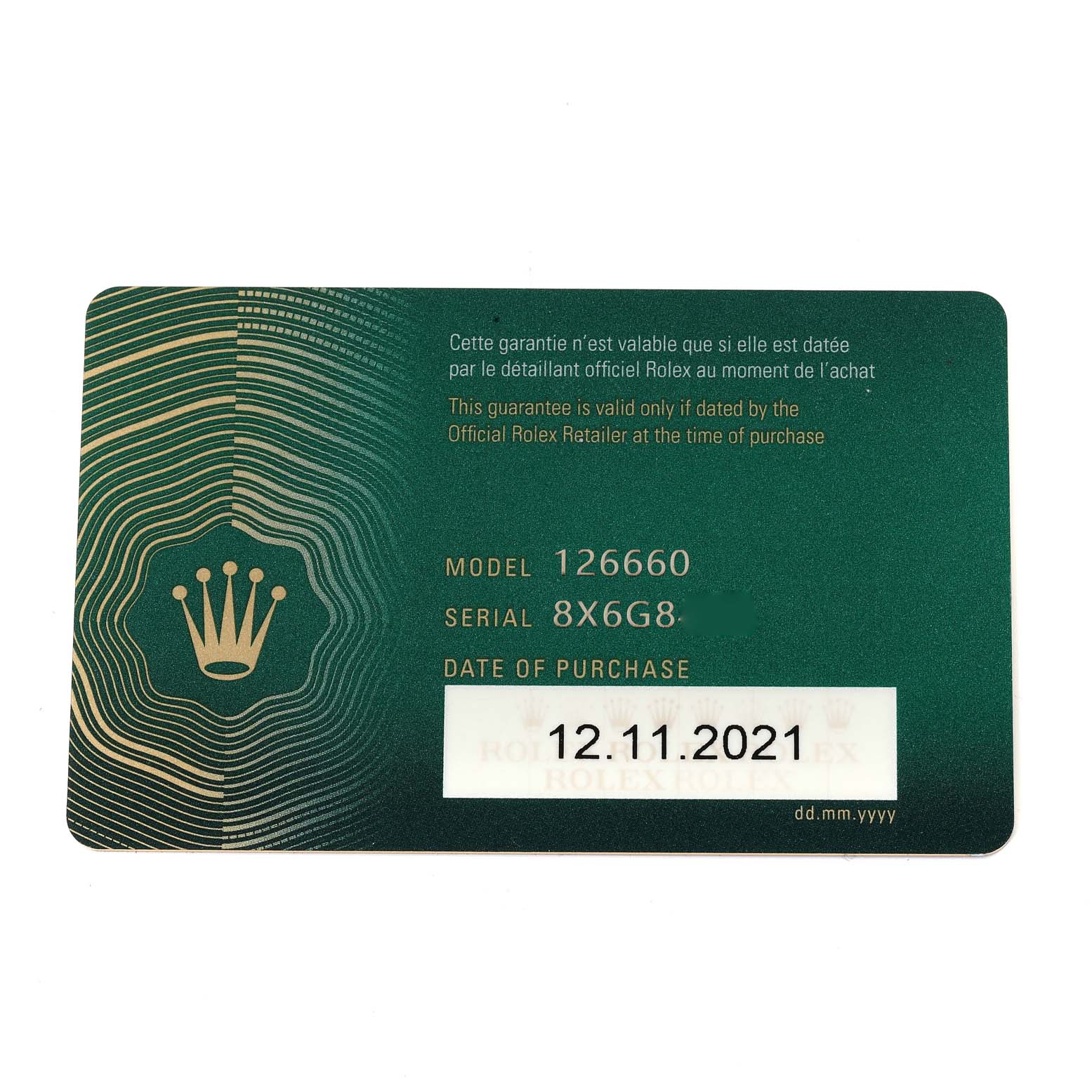 The image shows the guarantee card for a Rolex Sea-Dweller 126660 Men
s Stainless Steel Black Dial 126660 Men
s Stainless Steel Black Dial model 126660, featuring purchase details.