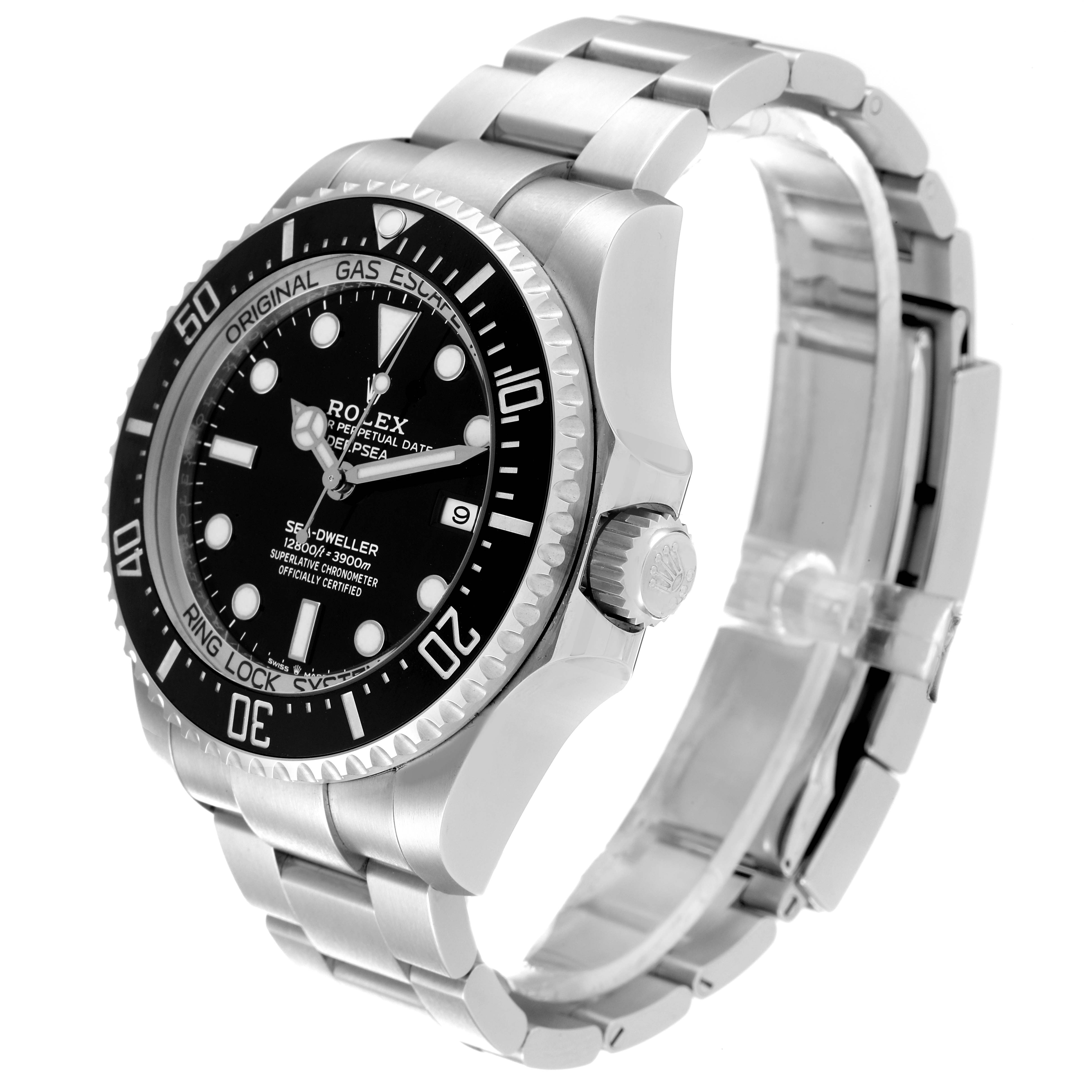 The image shows a side angle of the Rolex Sea-Dweller 126660 Men
s Stainless Steel Black Dial 126660 Men
s Stainless Steel Black Dial, highlighting the bezel, crown, dial, and bracelet.