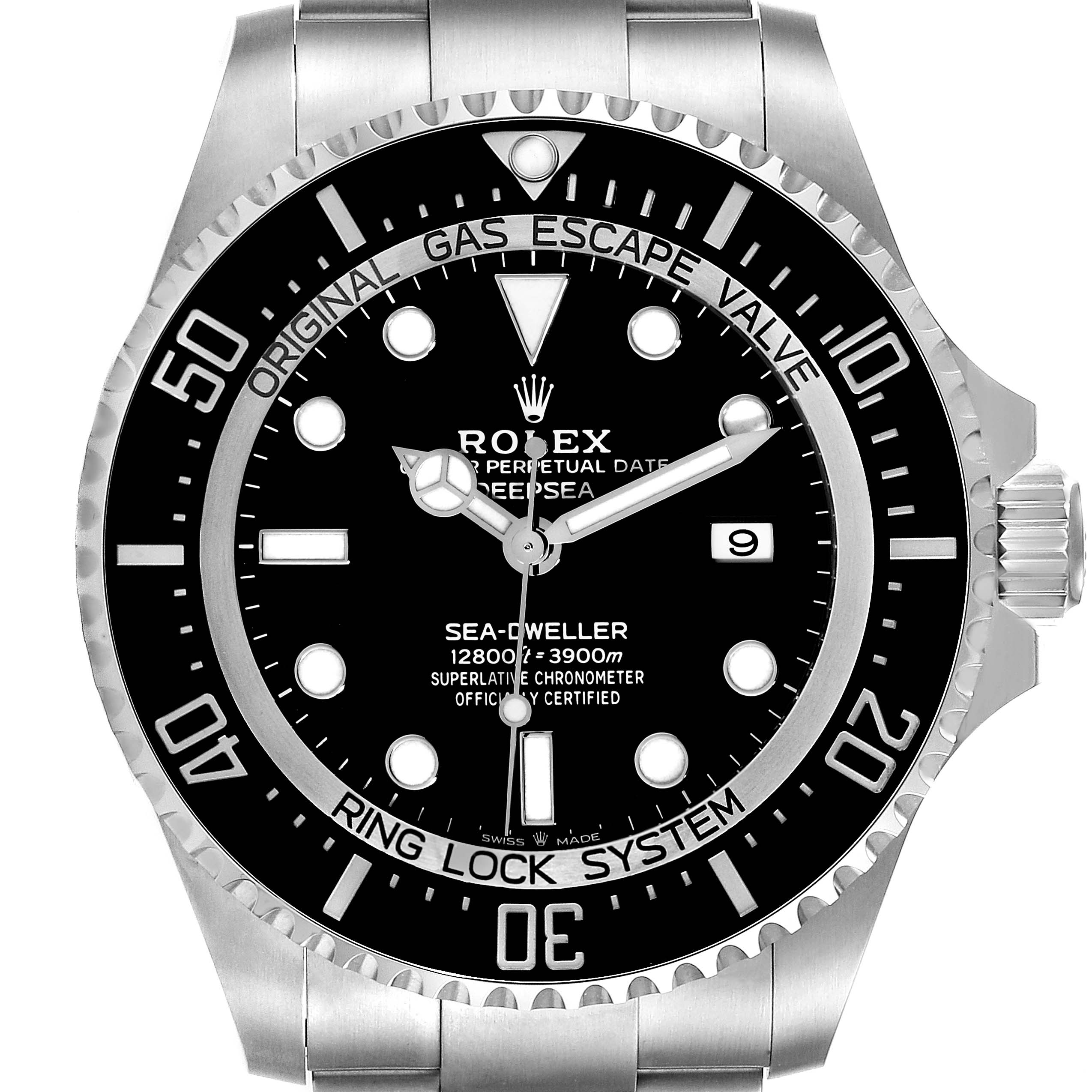 The image shows a frontal view of the Rolex Sea-Dweller 126660 Men
s Stainless Steel Black Dial 126660 Men
s Stainless Steel Black Dial watch, highlighting its dial, bezel, and bracelet.