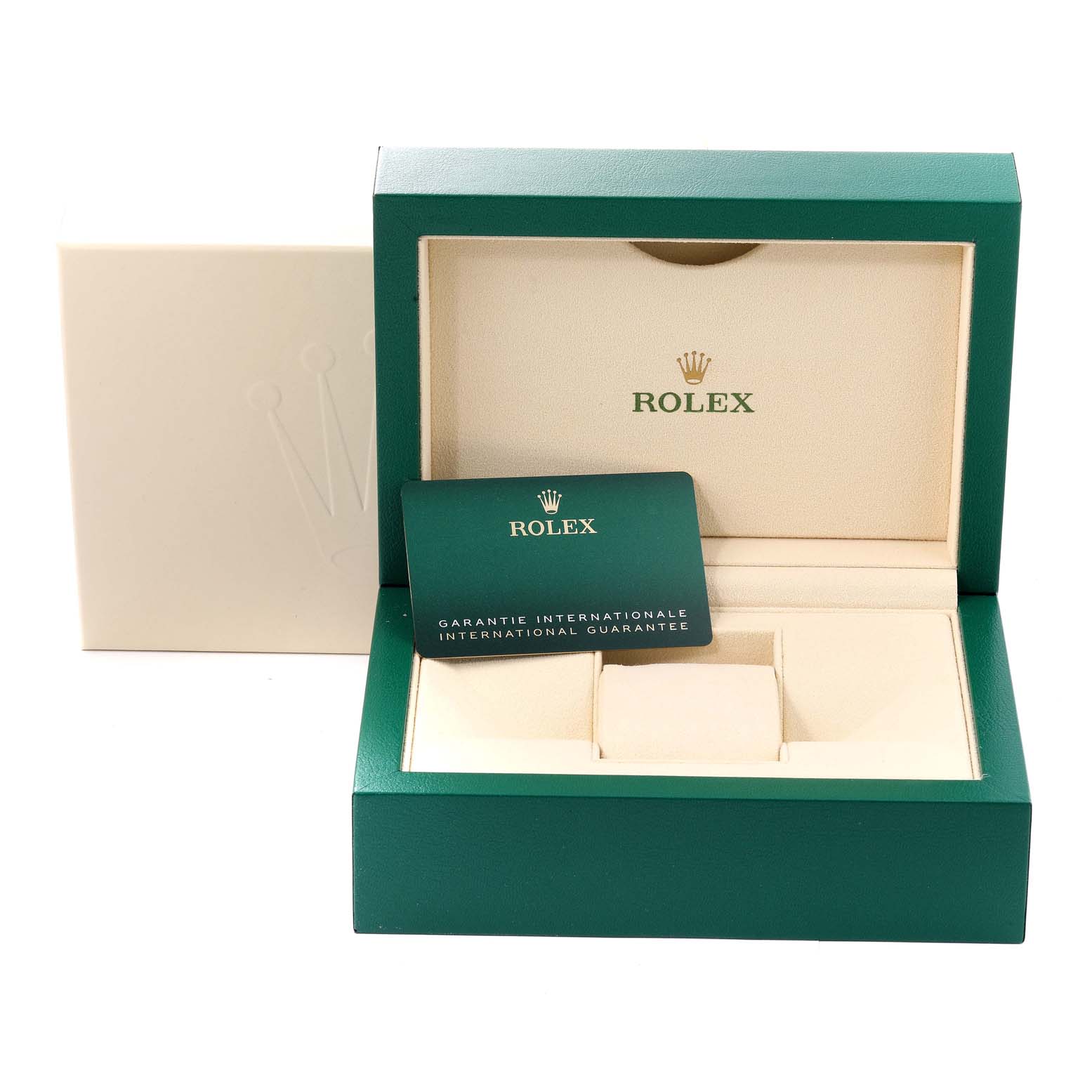 The image shows an open Rolex Sea-Dweller 126660 Men
s Stainless Steel Black Dial 126660 Men
s Stainless Steel Black Dial watch box with an international guarantee card inside.