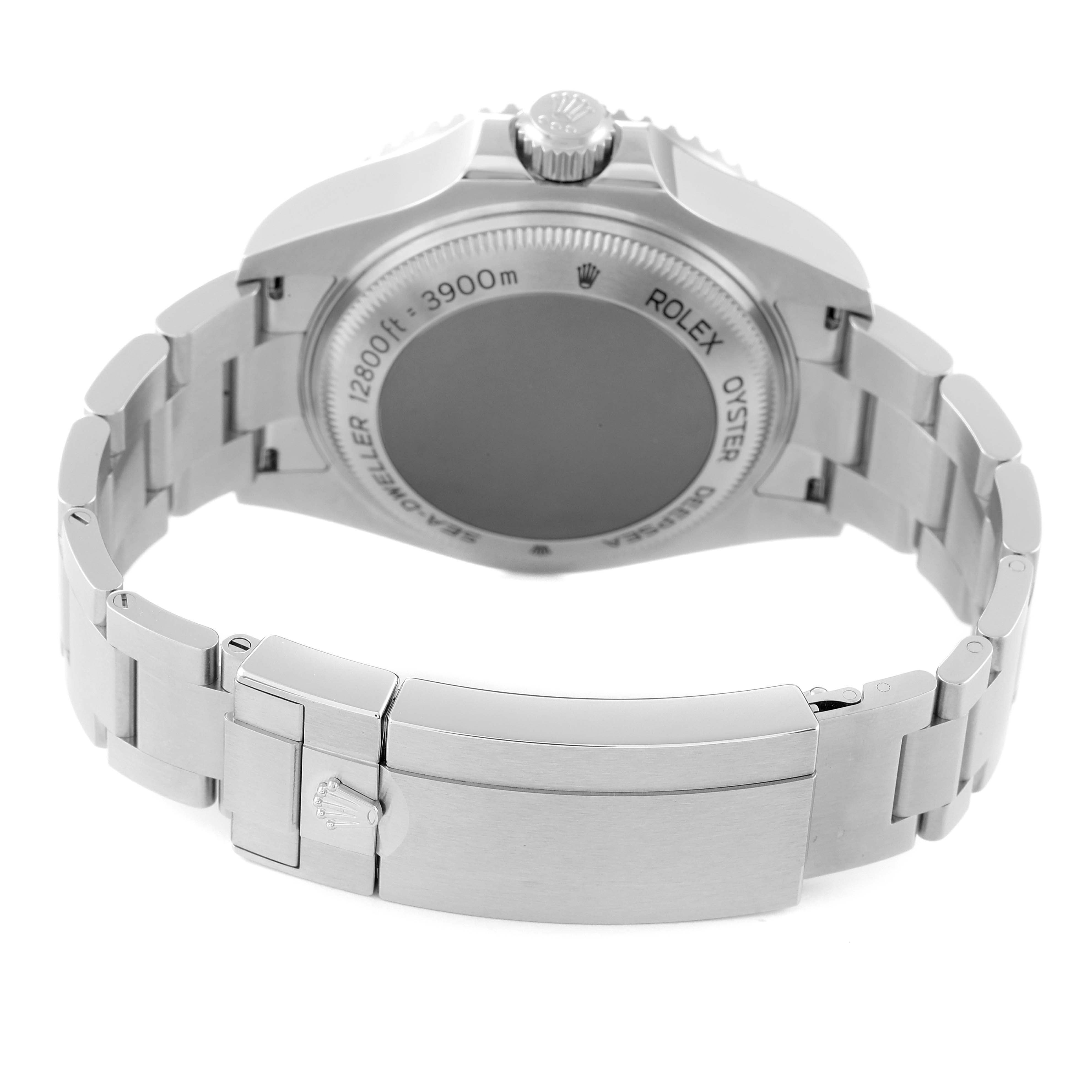 The image shows the back view of the Rolex Sea-Dweller 126660 Men
s Stainless Steel Black Dial 126660 Men
s Stainless Steel Black Dial watch, highlighting the case back and the clasp of the bracelet.