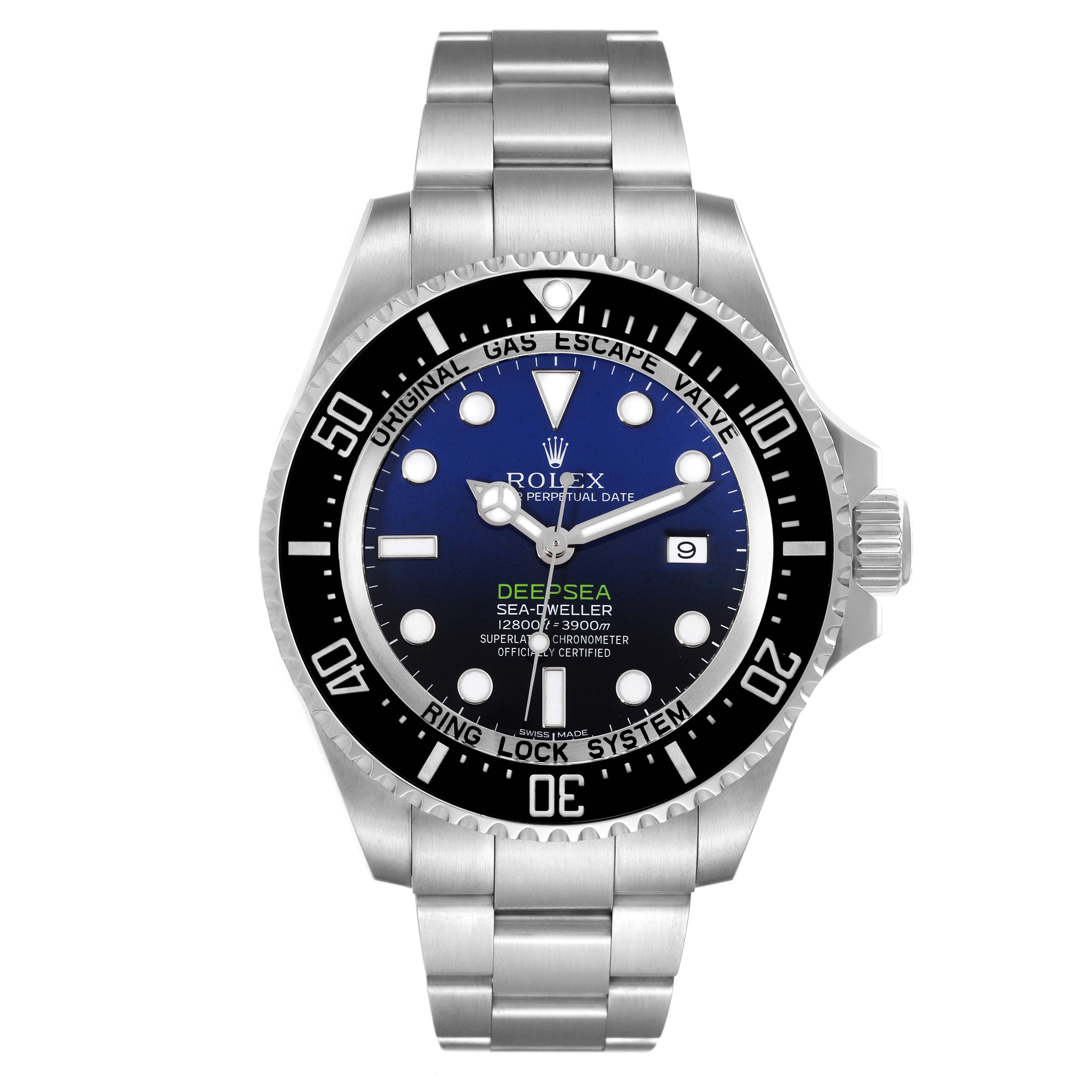 This image shows a Rolex Sea-Dweller 116660 Men's Stainless Steel Blue Dial 116660 Men's Stainless Steel Blue Dial watch from a front angle, highlighting its dial, bezel, and bracelet.