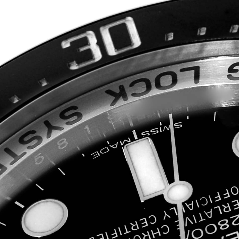 The image shows a close-up view of the dial and bezel of the Rolex Sea-Dweller 116660 Men's Stainless Steel Blue Dial 116660 Men's Stainless Steel Blue Dial watch, highlighting the "30" marker and "Ring Lock System" text.