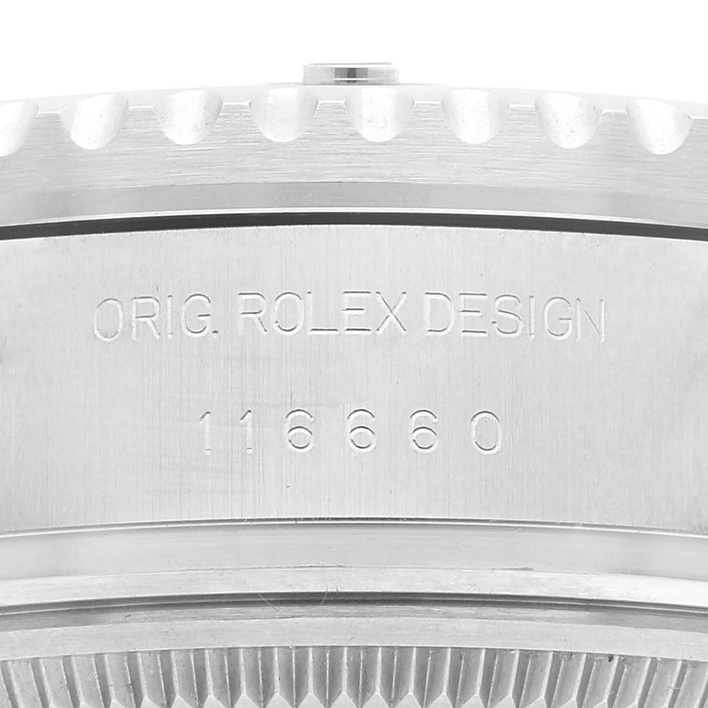 This image shows a close-up of the side of a Rolex Sea-Dweller 116660 Men's Stainless Steel Blue Dial 116660 Men's Stainless Steel Blue Dial watch case, highlighting the engraved model number (116660).