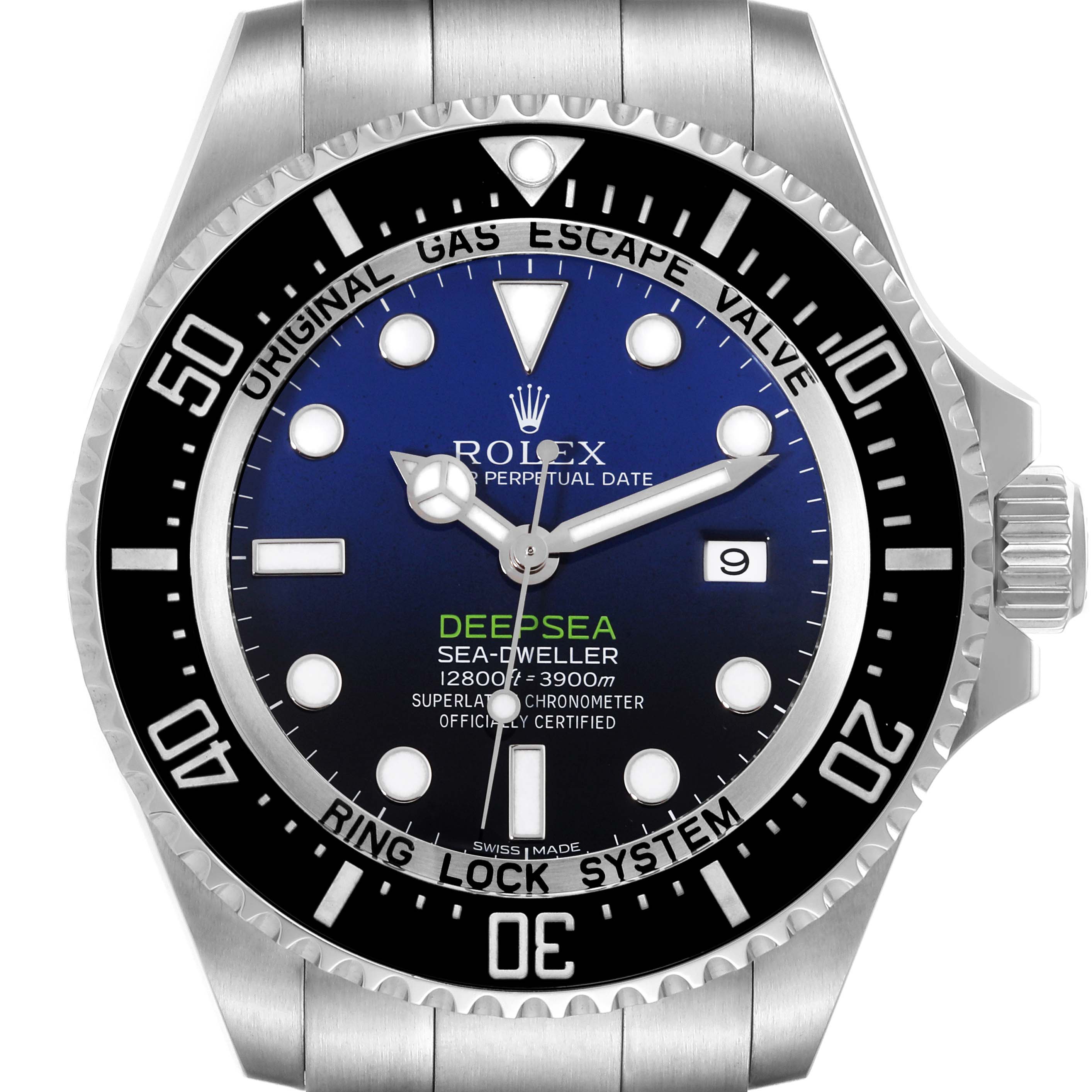 The image shows a front view of the Rolex Sea-Dweller 116660 Men's Stainless Steel Blue Dial 116660 Men's Stainless Steel Blue Dial model watch, displaying its dial, bezel, hands, and date window.