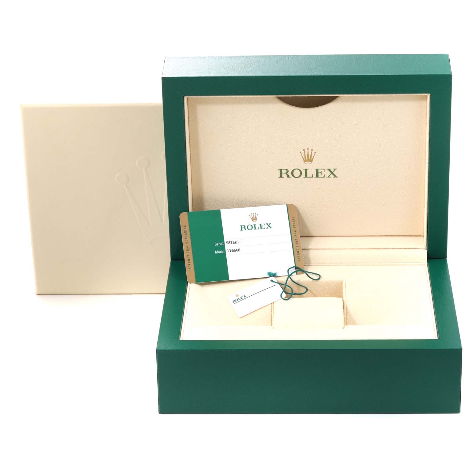 The image shows the packaging box for a Rolex Sea-Dweller 116660 Men's Stainless Steel Blue Dial 116660 Men's Stainless Steel Blue Dial watch, including a warranty card and tags.