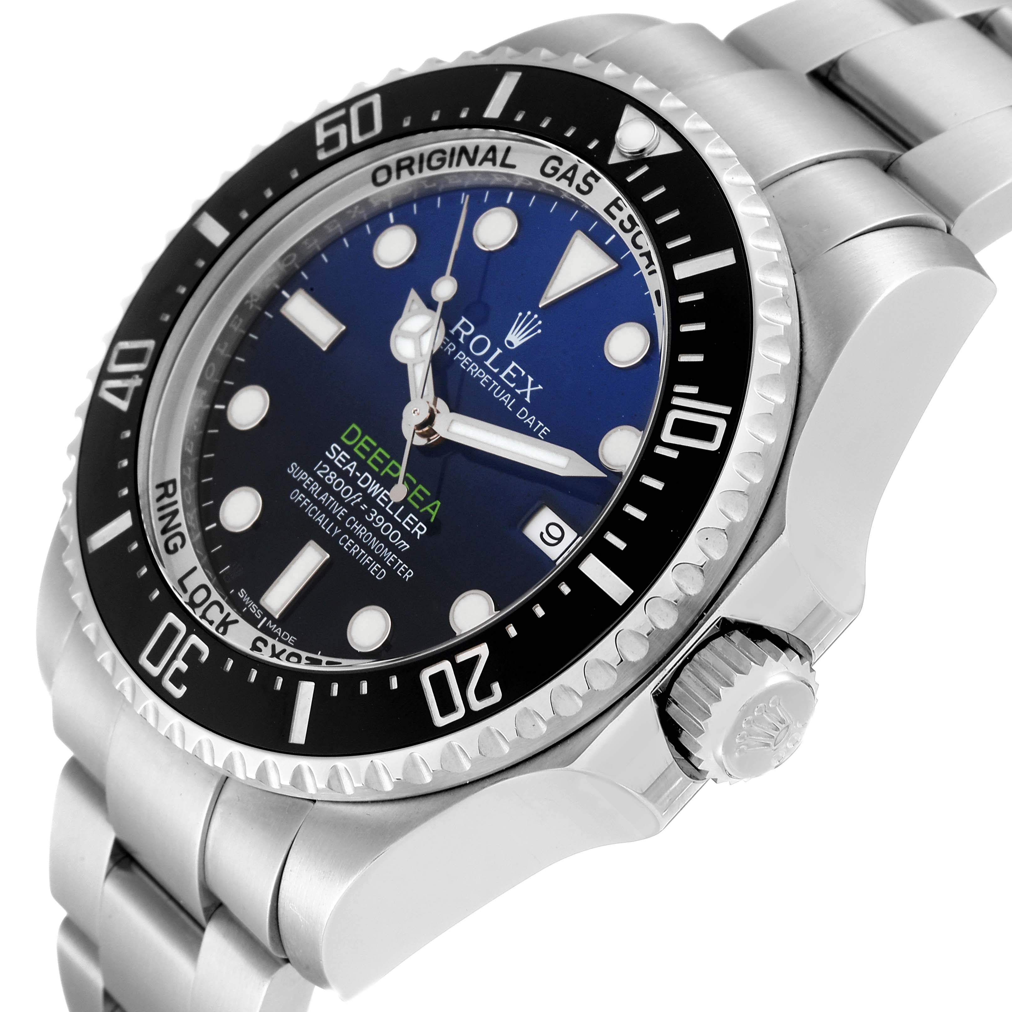The image shows an angled close-up of the Rolex Sea-Dweller 116660 Men's Stainless Steel Blue Dial 116660 Men's Stainless Steel Blue Dial watch, highlighting the face, bezel, crown, and part of the bracelet.