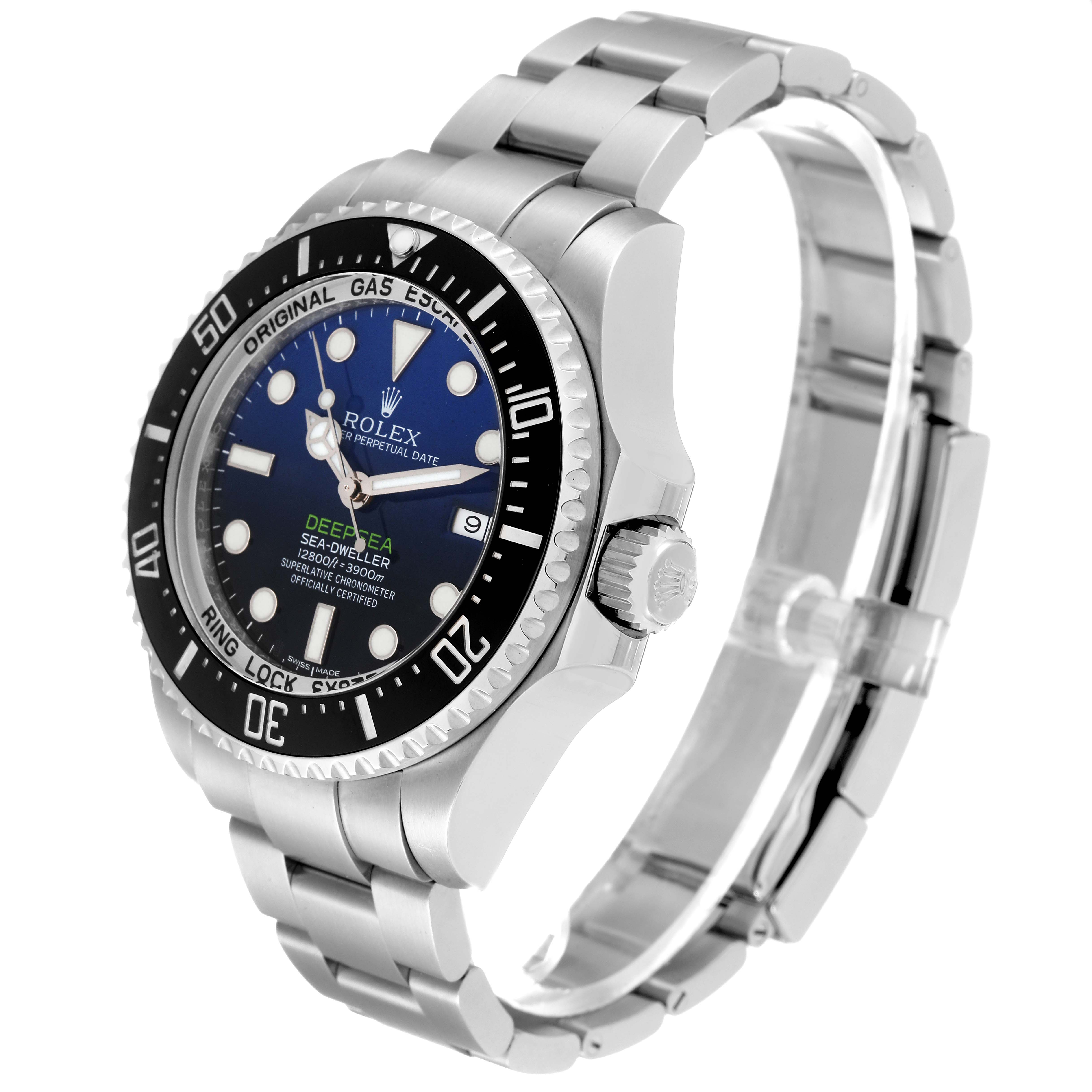 The image shows a Rolex Sea-Dweller 116660 Men's Stainless Steel Blue Dial 116660 Men's Stainless Steel Blue Dial watch at a slight angle, highlighting the face, bezel, crown, and bracelet.