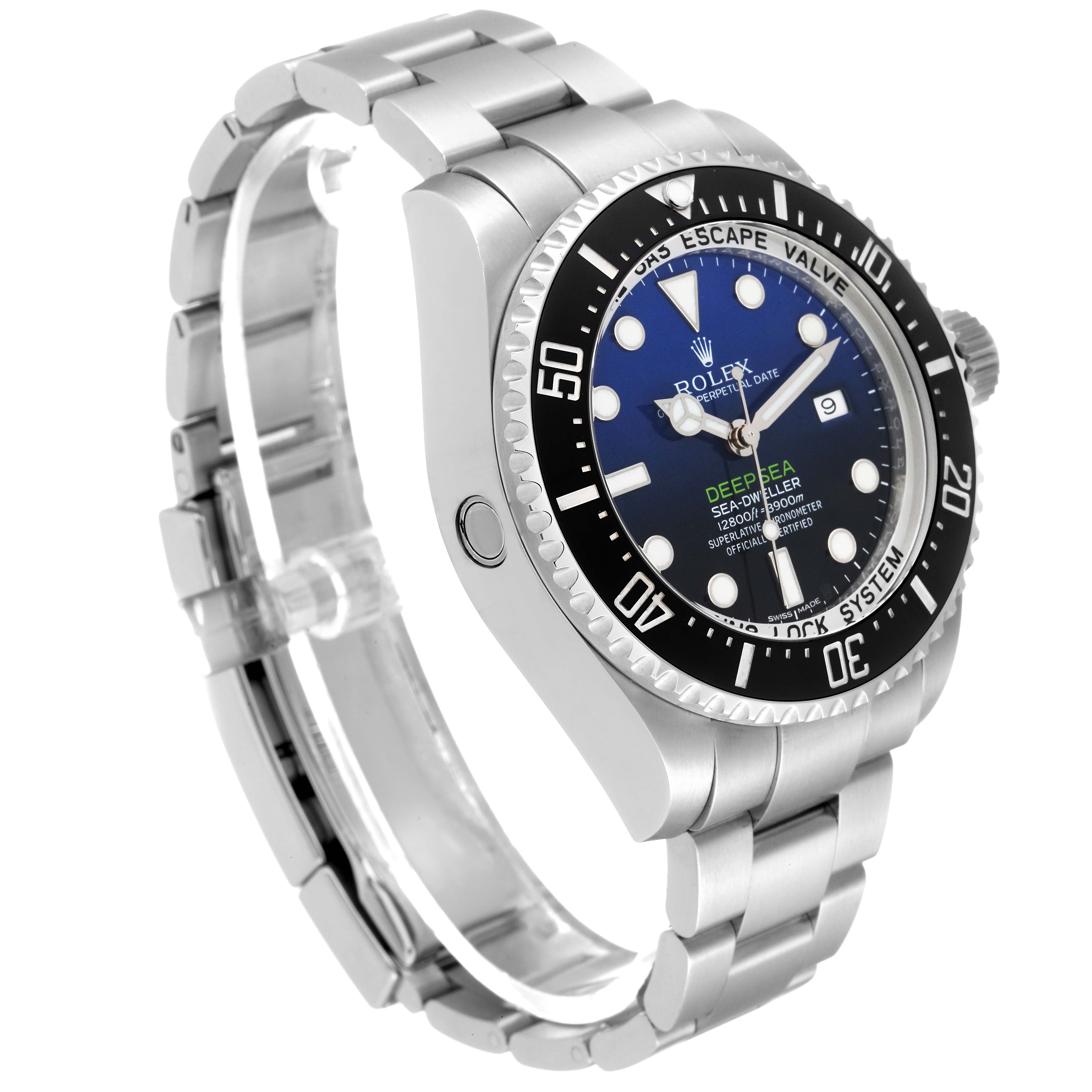 The image shows a side angle view of the Rolex Sea-Dweller 116660 Men's Stainless Steel Blue Dial 116660 Men's Stainless Steel Blue Dial watch, highlighting its face, bezel, and stainless steel bracelet.