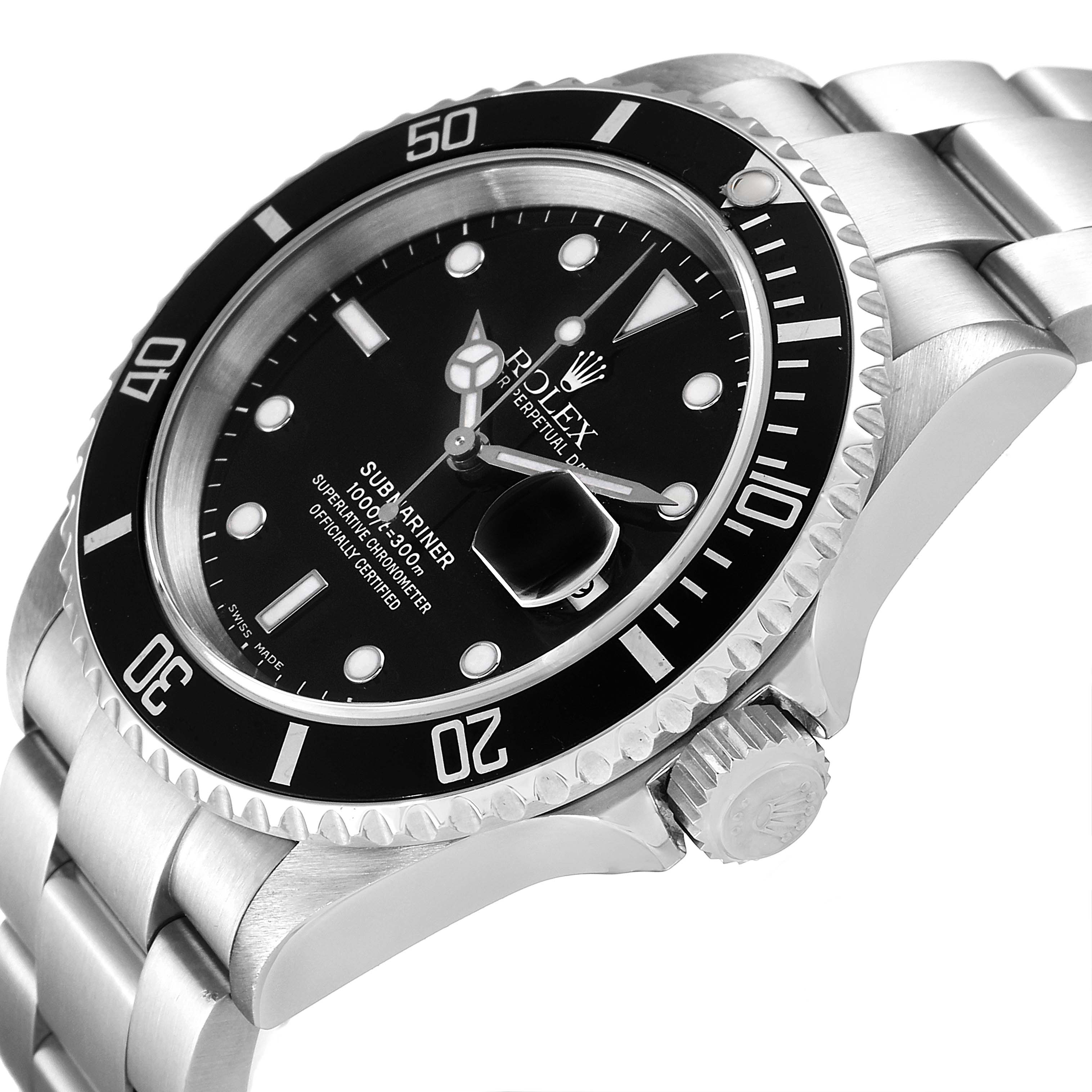 The image shows a Rolex Submariner 16610 Men
s Stainless Steel Black Dial 16610 Men
s Stainless Steel Black Dial watch at a side angle, highlighting the bezel, crown, and bracelet.