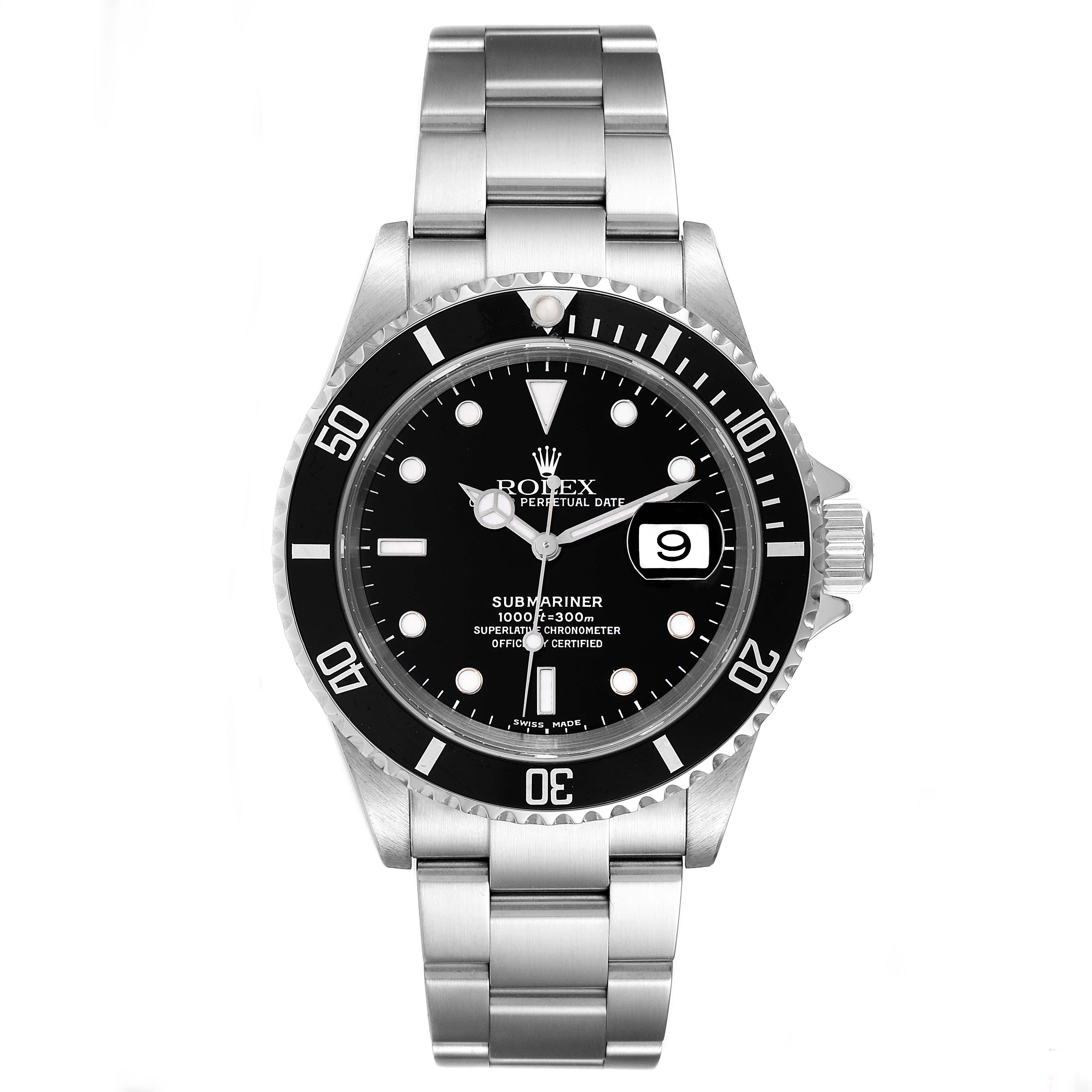This image shows a front view of a Rolex Submariner 16610 Men
s Stainless Steel Black Dial 16610 Men
s Stainless Steel Black Dial watch, highlighting its black bezel, dial, and stainless steel bracelet.