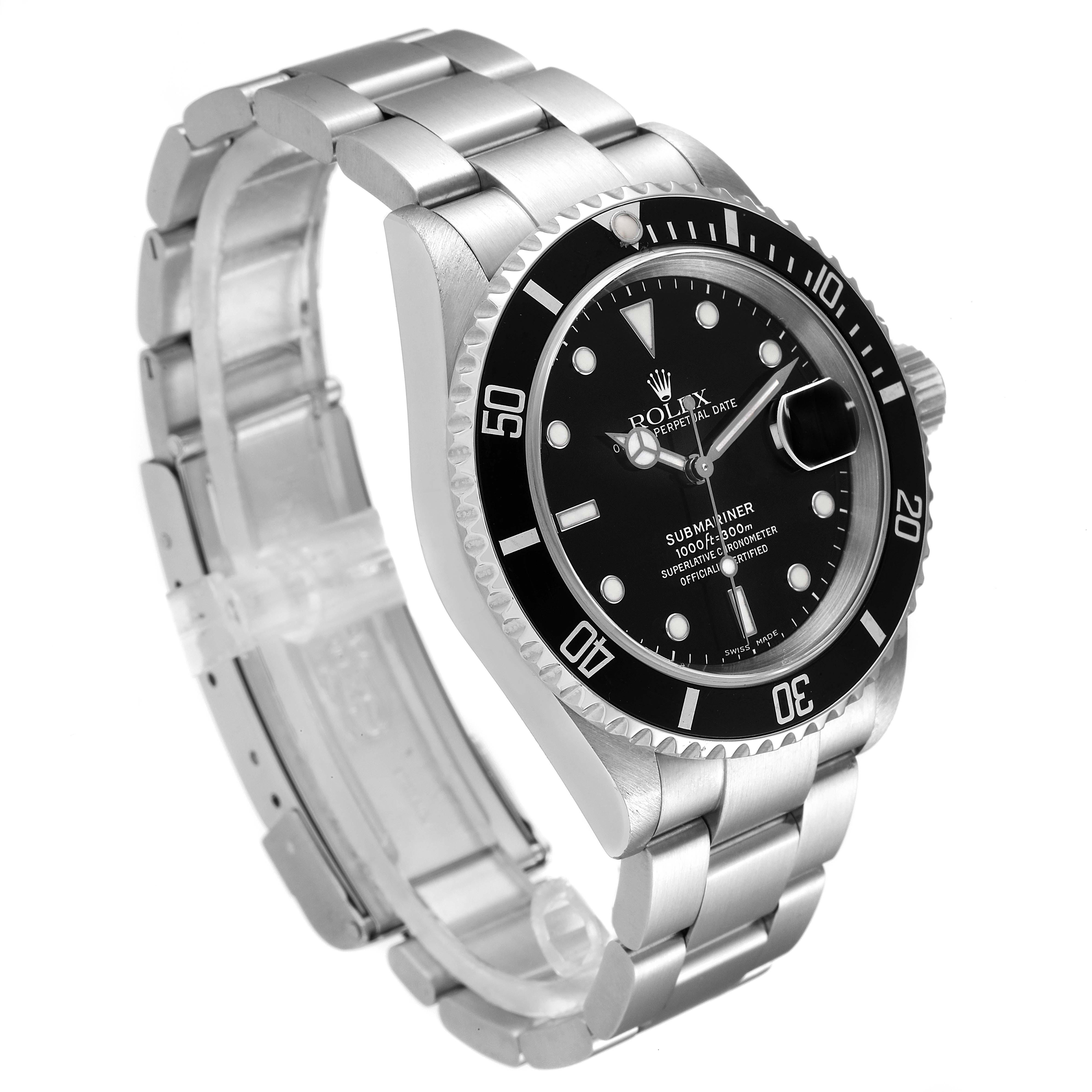 This image shows a Rolex Submariner 16610 Men
s Stainless Steel Black Dial 16610 Men
s Stainless Steel Black Dial watch at a three-quarter angle, highlighting its dial, bezel, and bracelet.