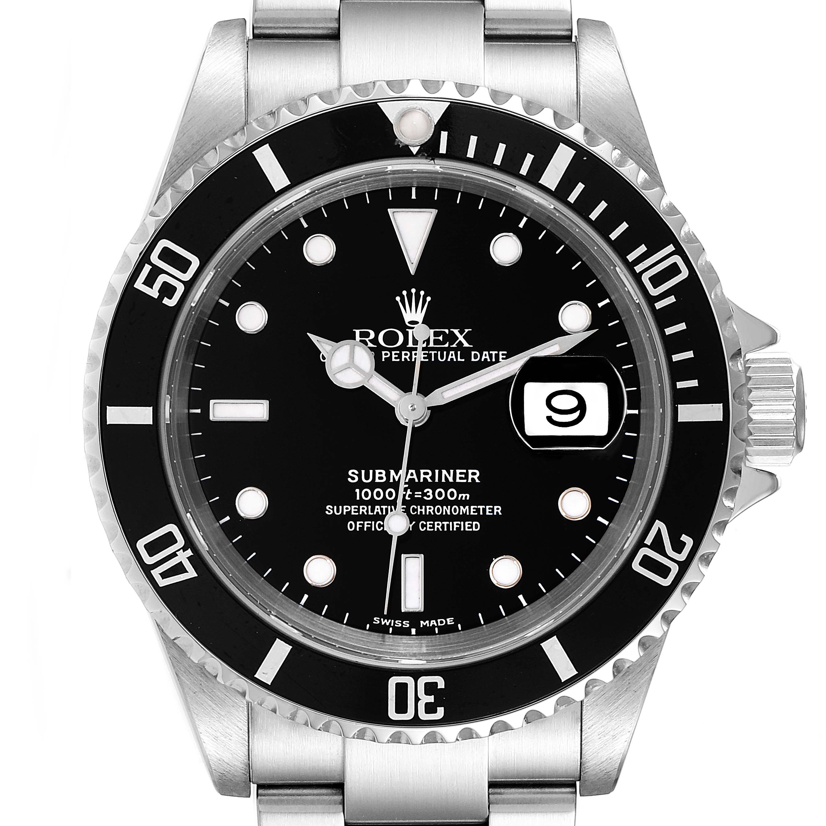 The image shows a front view of a Rolex Submariner 16610 Men
s Stainless Steel Black Dial 16610 Men
s Stainless Steel Black Dial watch, displaying its black dial, bezel, and date magnifier.