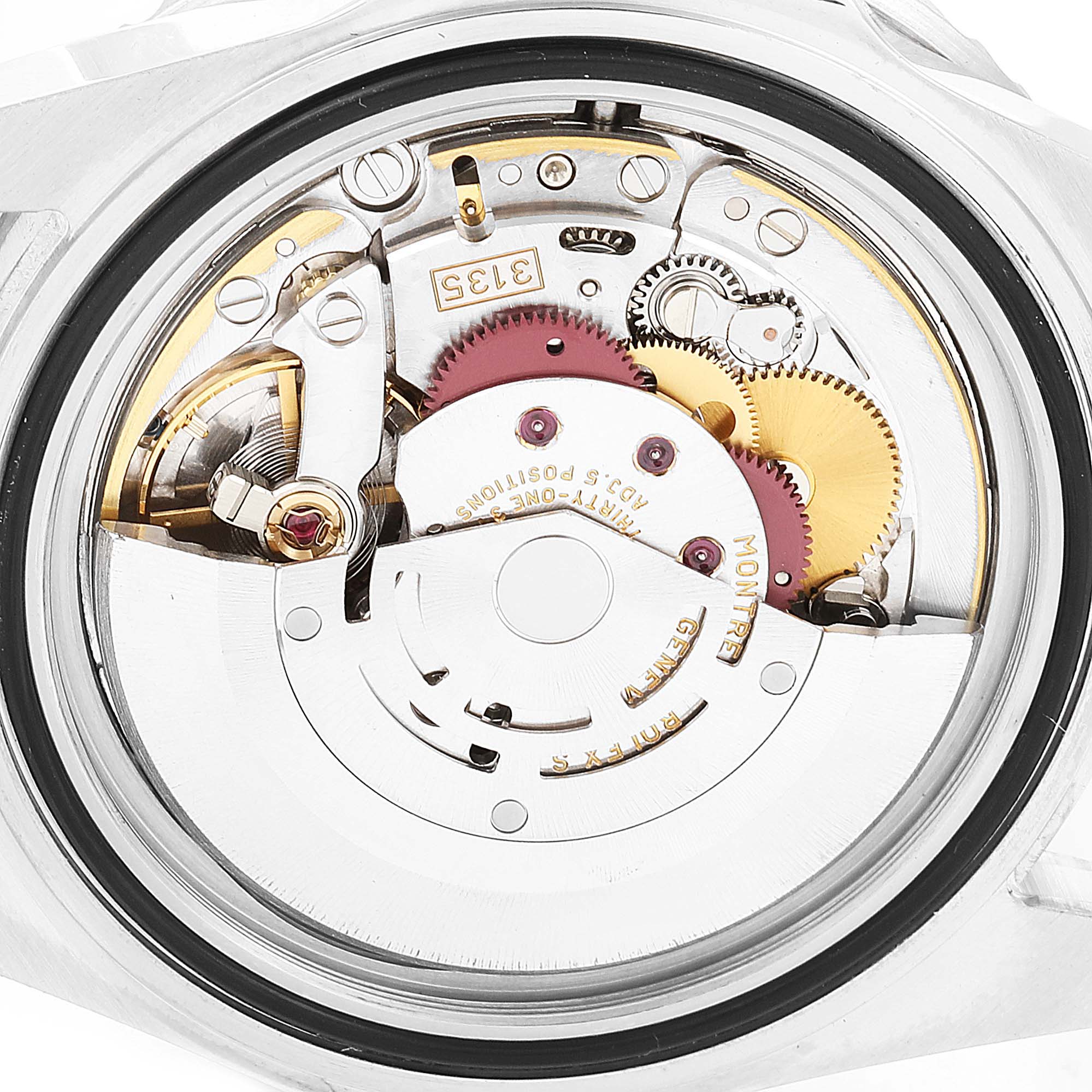 The image shows a close-up of the movement and internal mechanism of a Rolex Submariner 16610 Men
s Stainless Steel Black Dial 16610 Men
s Stainless Steel Black Dial watch from the back.