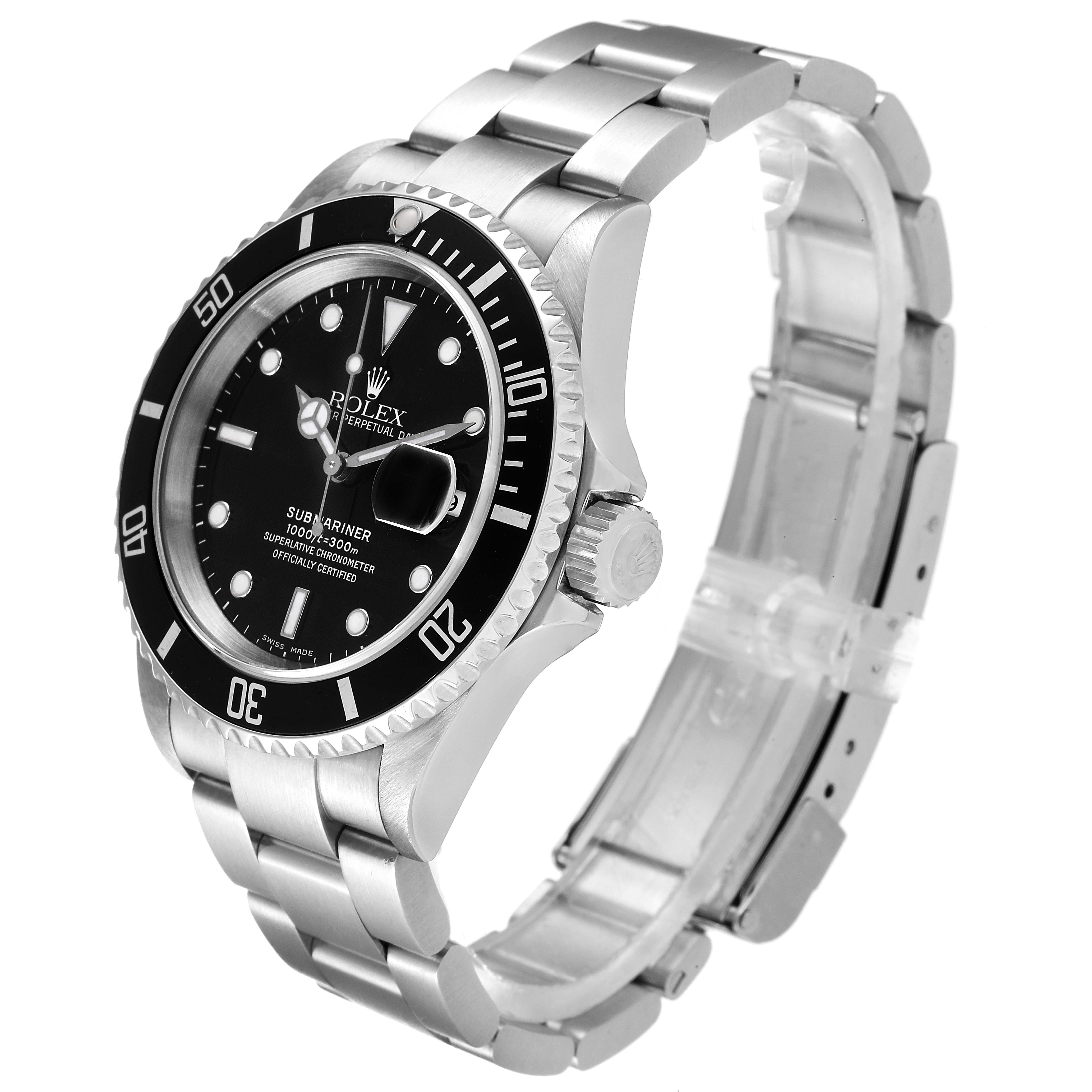 The image shows a side and top angle view of a Rolex Submariner 16610 Men
s Stainless Steel Black Dial 16610 Men
s Stainless Steel Black Dial watch, highlighting the dial, bezel, crown, and bracelet.