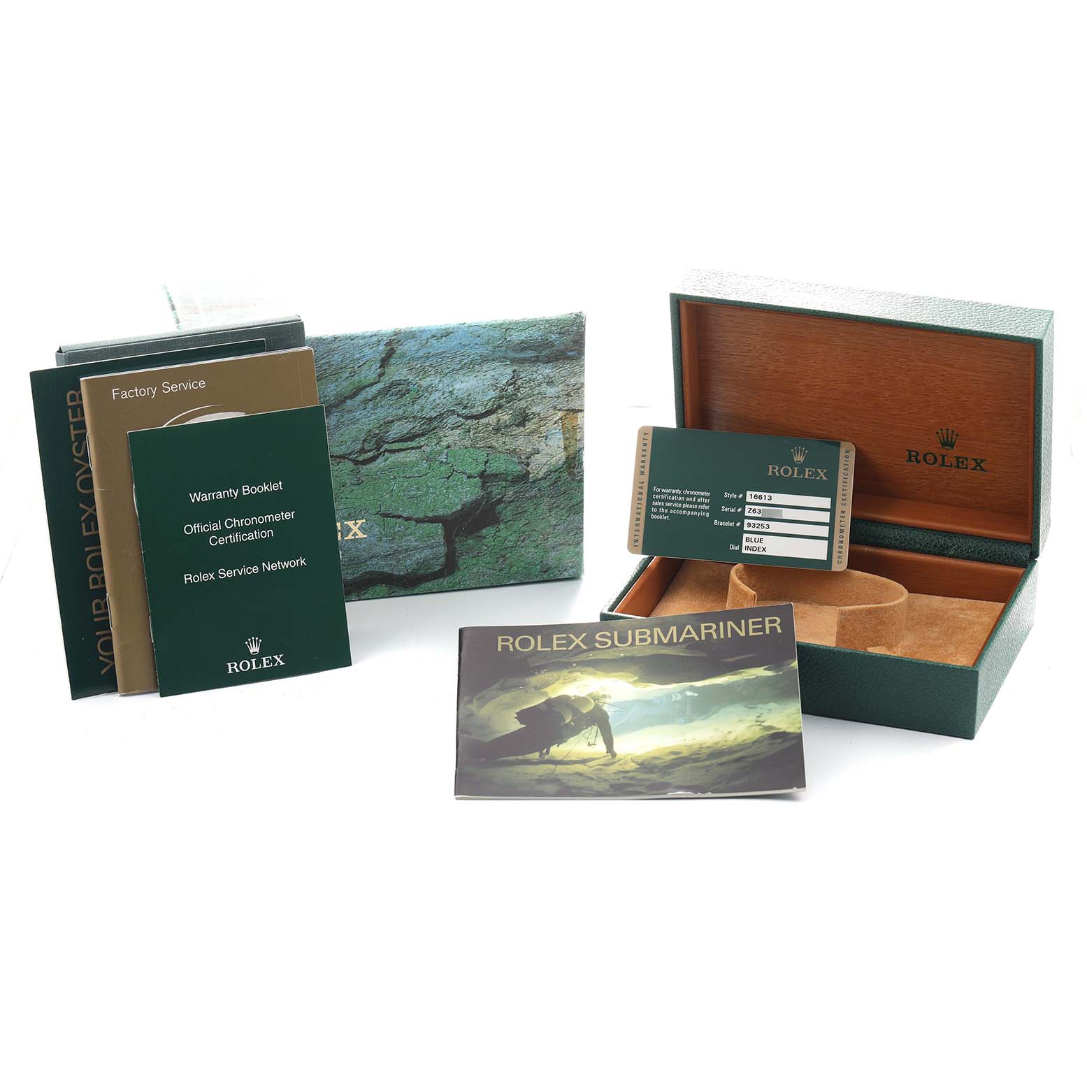 The image shows the packaging and accessories for a Rolex Submariner 16613 Men's Steel and Gold (two tone) Blue Dial, including the box, warranty booklet, and certification card.