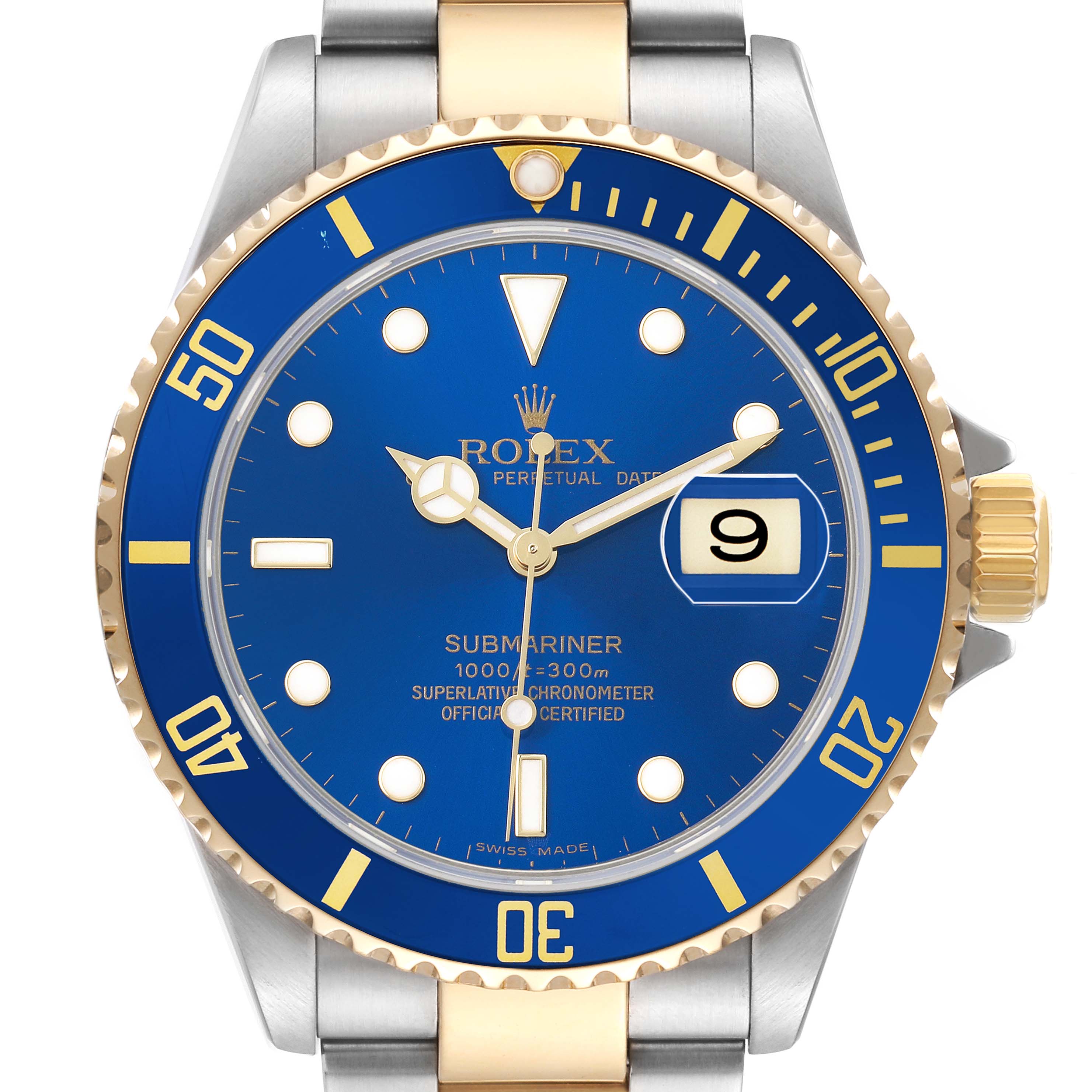 The Rolex Submariner 16613 Men's Steel and Gold (two tone) Blue Dial watch is shown from a front angle, featuring its blue dial, gold accents, and bezel with visible date and hands.