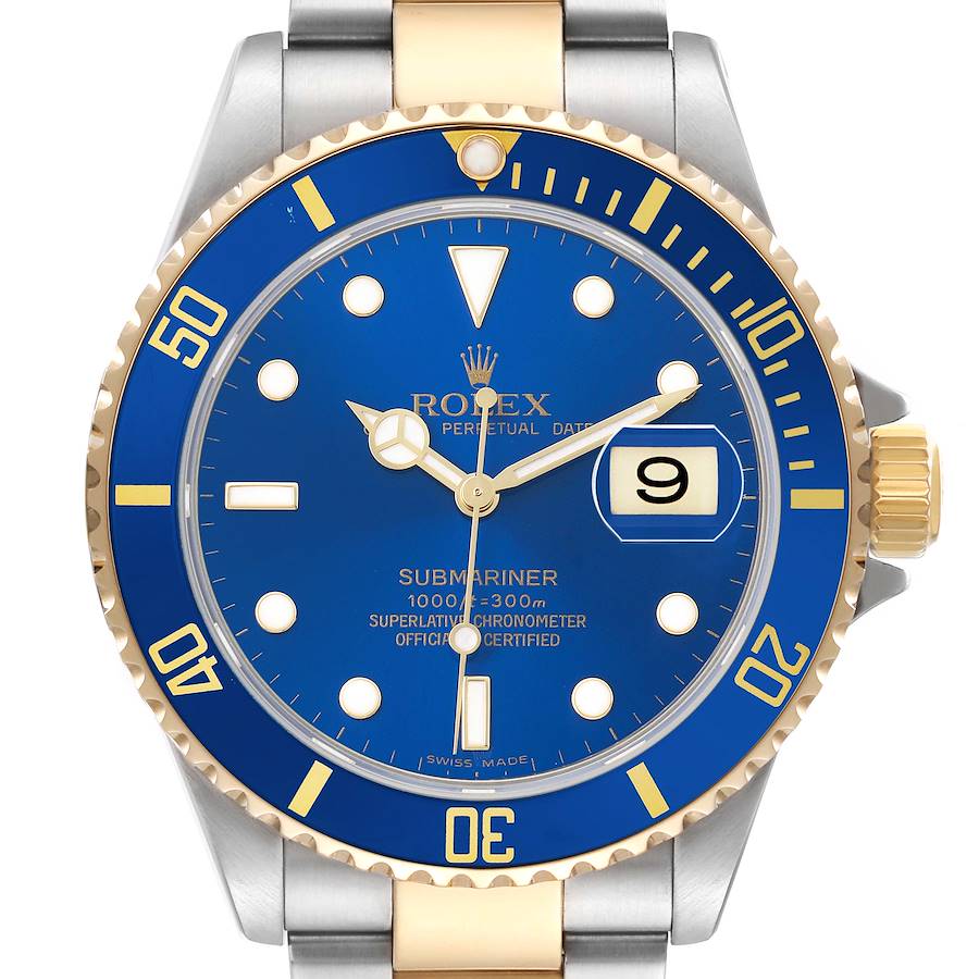 The Rolex Submariner 16613 Men's Steel and Gold (two tone) Blue Dial watch is shown from a front angle, featuring its blue dial, gold accents, and bezel with visible date and hands.