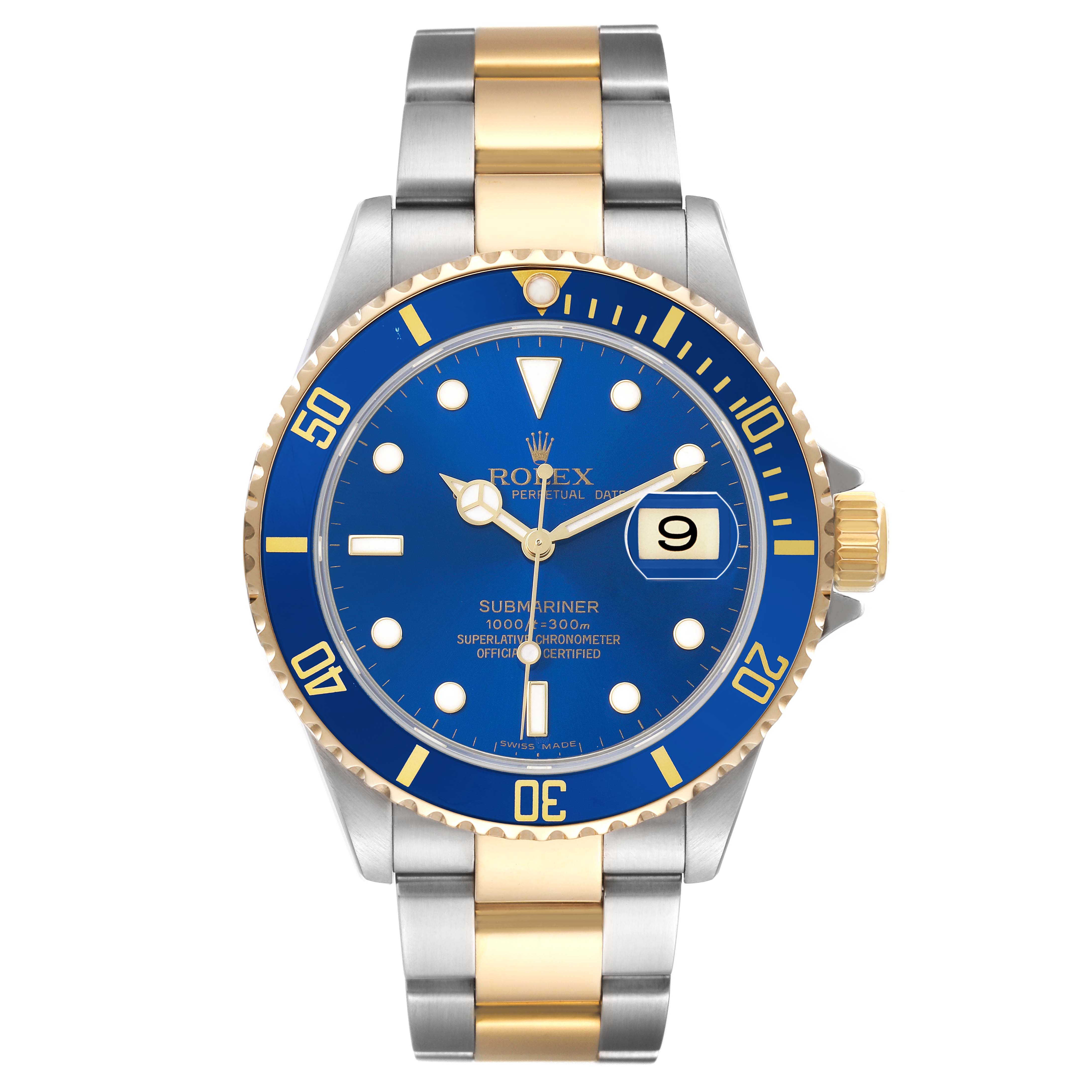 The Rolex Submariner 16613 Men's Steel and Gold (two tone) Blue Dial watch is shown from the front, highlighting the blue dial, date window, and two-tone bracelet.