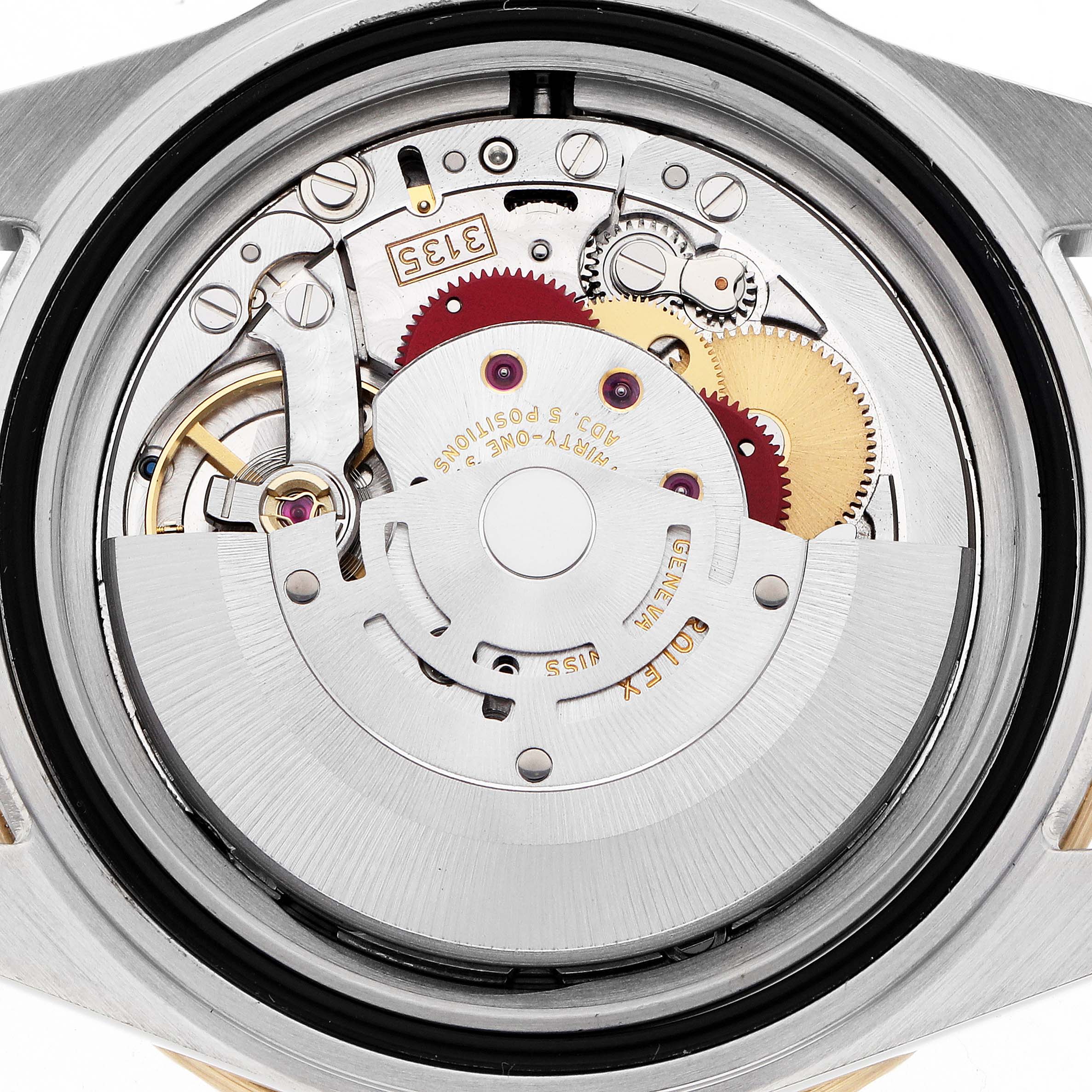 The image shows the internal movement of a Rolex Submariner 16613 Men's Steel and Gold (two tone) Blue Dial, viewed from the back with components visible.