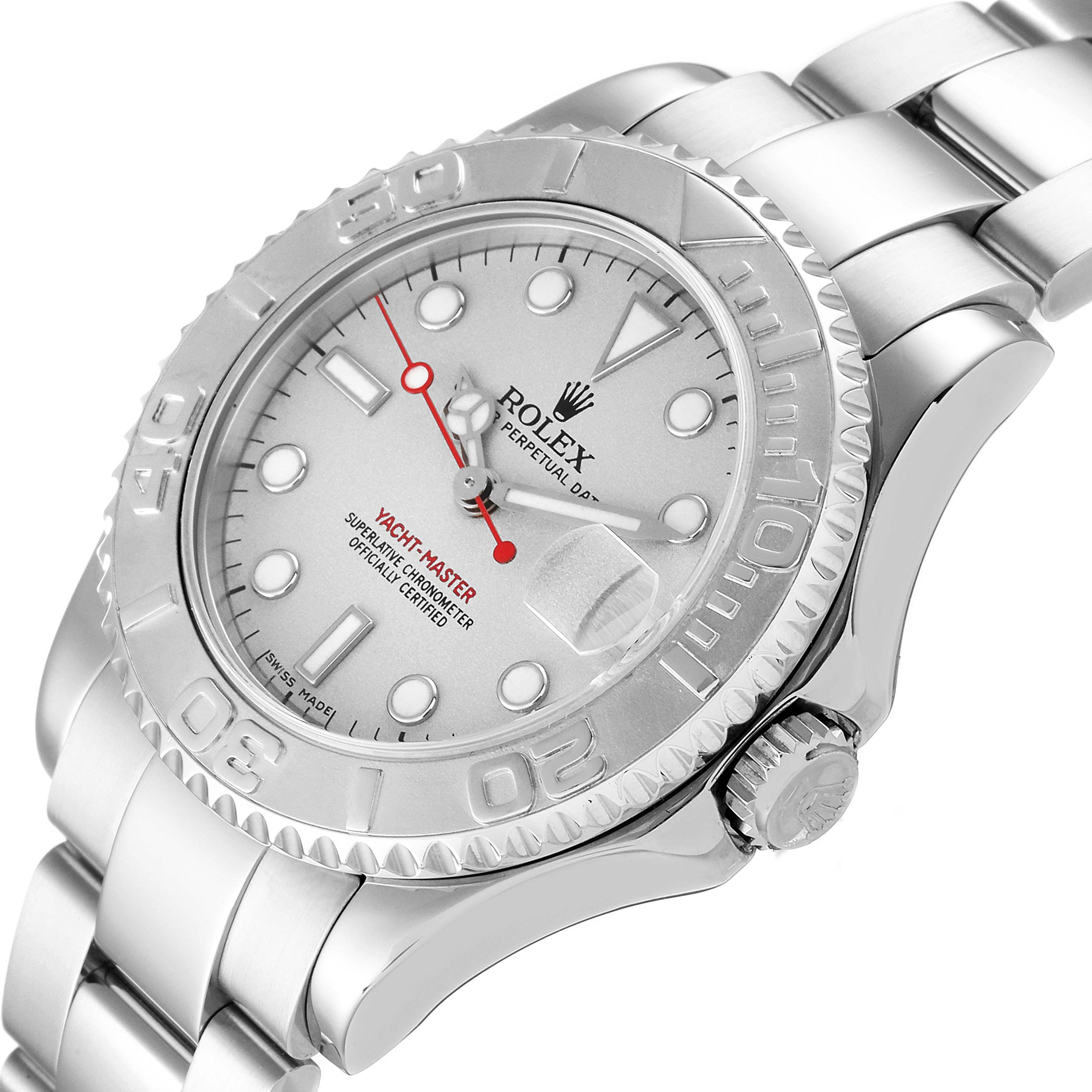 This image shows the Rolex Yacht-Master 168622 Men's Stainless Steel Silver Dial 168622 Men's Stainless Steel Silver Dial watch at an angle highlighting the dial, bezel, and part of the bracelet.