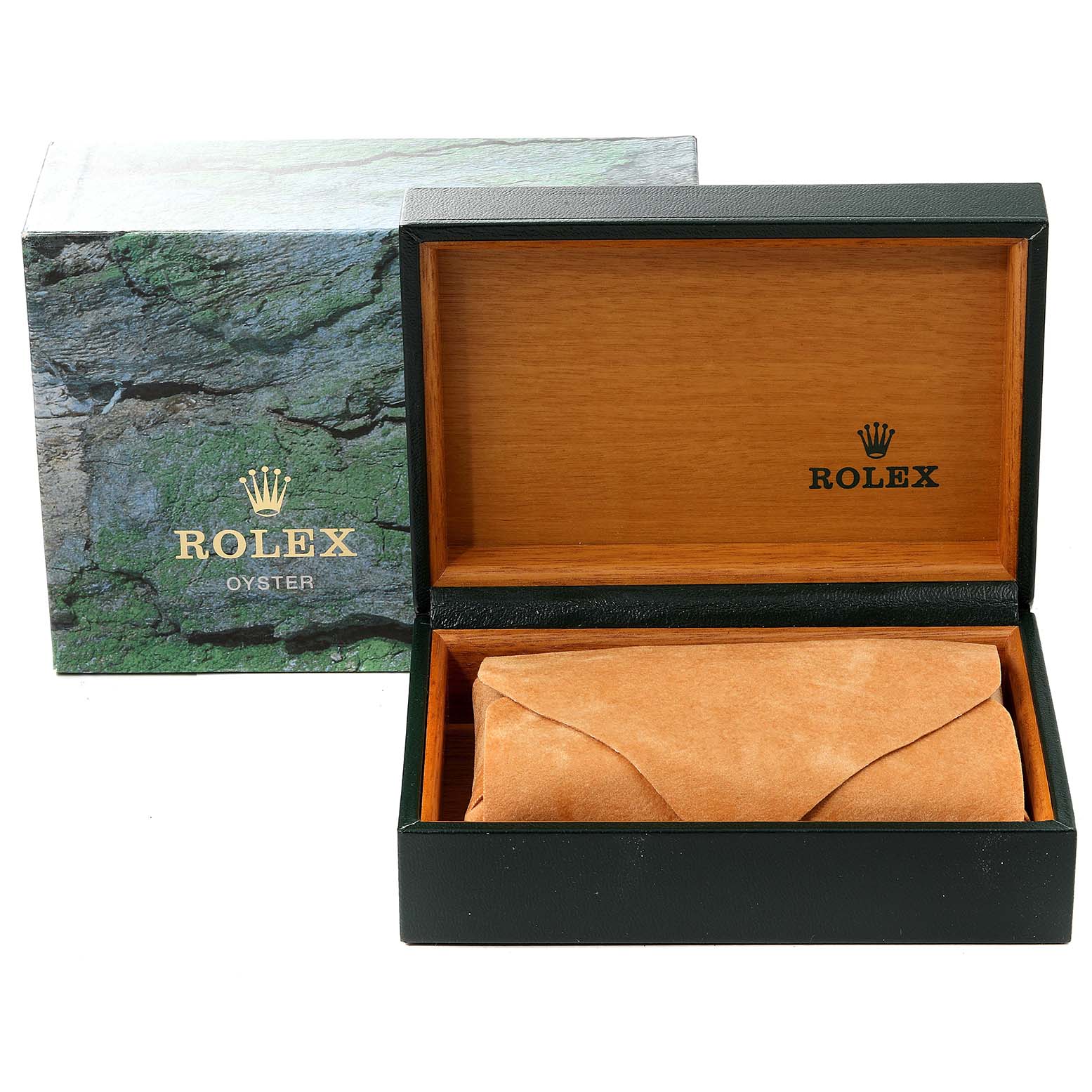 The image shows an open Rolex Yacht-Master 168622 Men's Stainless Steel Silver Dial 168622 Men's Stainless Steel Silver Dial watch box with an outer green packaging and an inner wooden compartment.