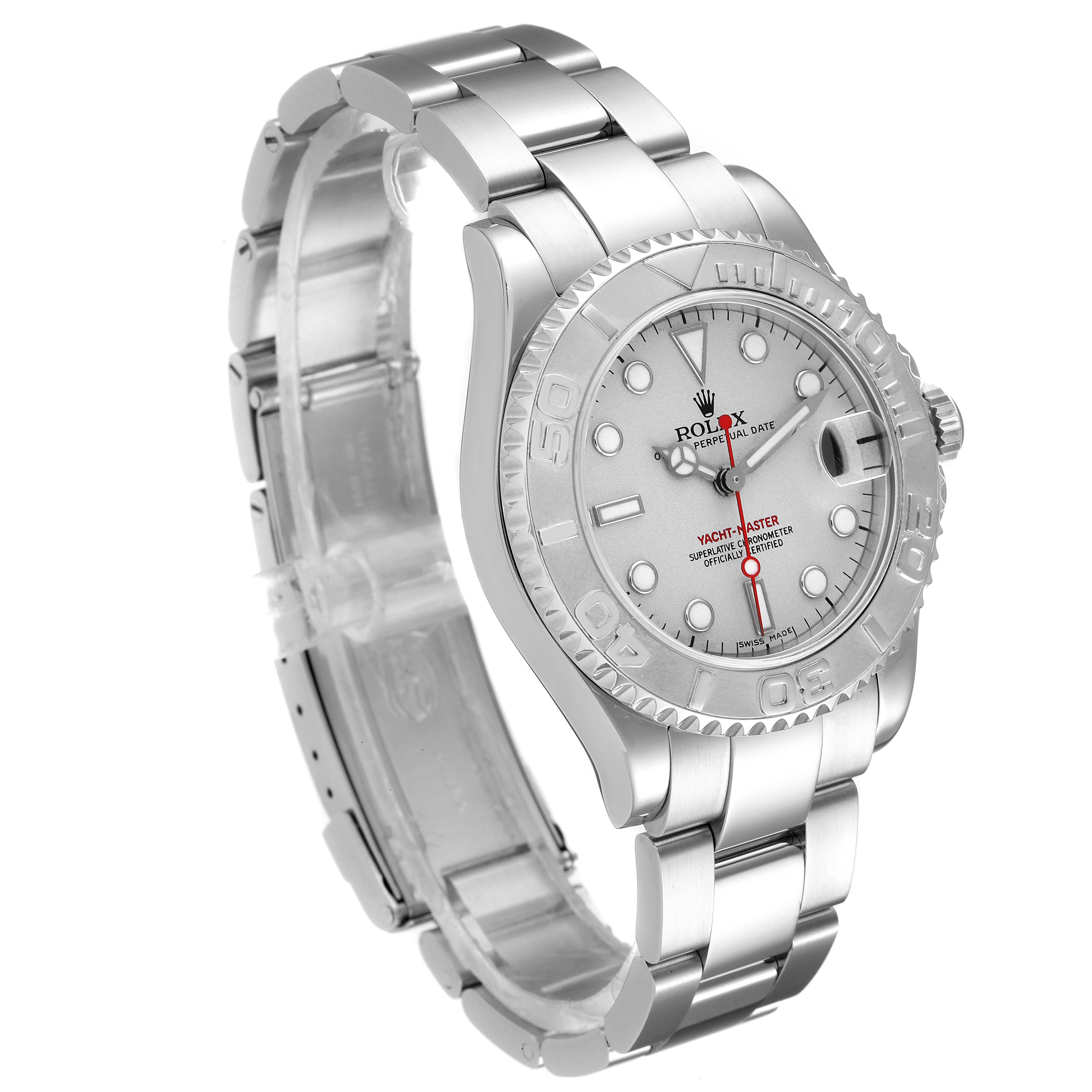 The Rolex Yacht-Master 168622 Men's Stainless Steel Silver Dial 168622 Men's Stainless Steel Silver Dial watch is shown at a three-quarter angle, highlighting the bracelet, bezel, crown, and dial.